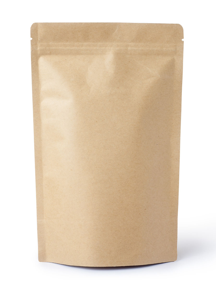 Ein brauner Beutel mit Druckverschluss und Bodenfalte aus Kraftpapier, die Abmessung beträgt Breite 110 mm Höhe 185 mm + Bodenfalte 65 mm. Der Richtwert für die Füllmenge beträgt 250 ml oder 70 g.