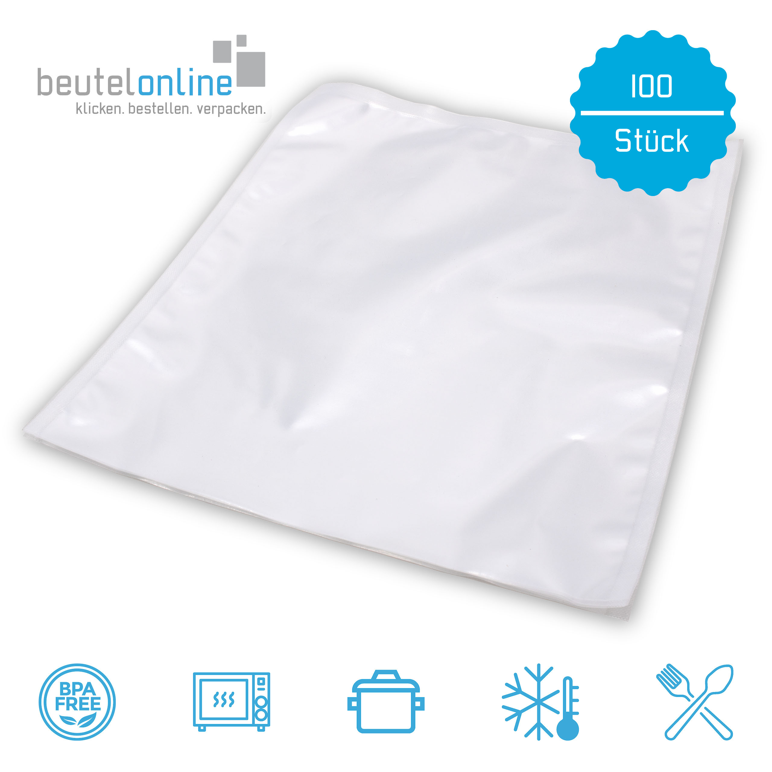 Ein transparenter Kunststoffbeutel, der an 3 Seiten versiegelt ist, sodass eine Öffnung bleibt. Die Rückseite und Vorderseite sind glatt. Mit einem Vakuumierer wird Luft entzogen und anschließend luftdicht versiegelt. Die Abmessung beträgt Breite 200 mm H