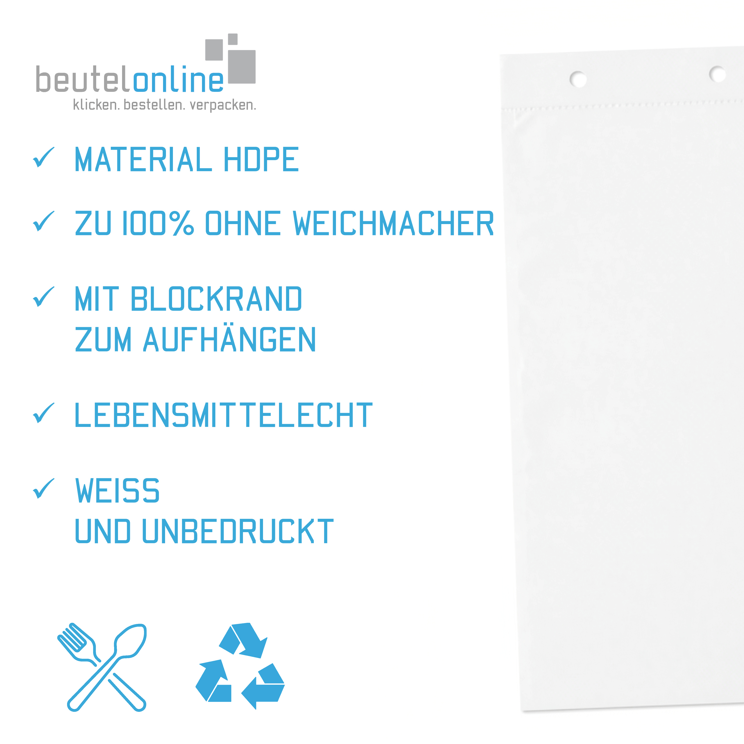 HDPE-Abreißbeutel 150 x 320 + 30 mm, 14 µ, weiß, geblockt zu 100 Stück, zwei Aufhängelöcher