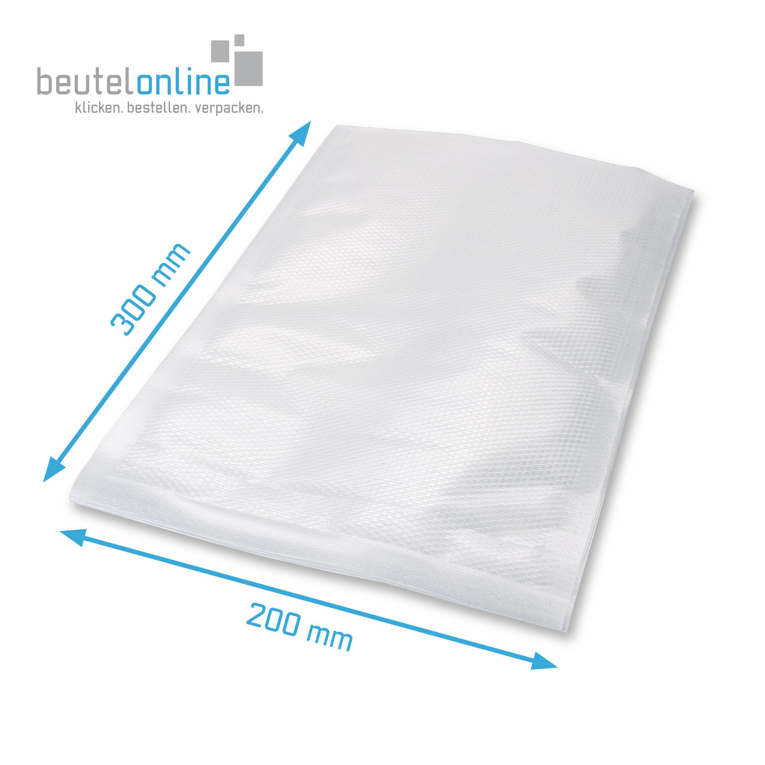 Die Abmessung vom transparenten Kunststoffbeutel beträgt Breite 200 mm Höhe 300 mm.