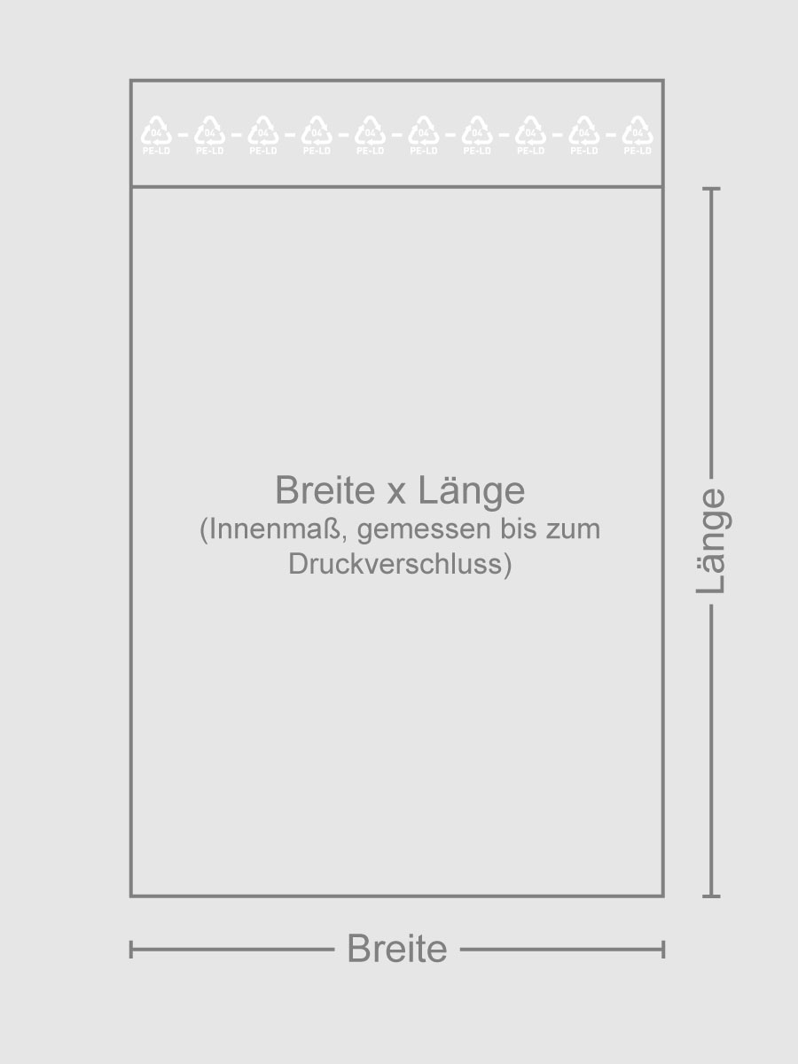 Skizzierung vom transparenten Beutel mit der Stärke 50 µ, einer Abmessung von Breite 160 mm und Höhe 220 mm.