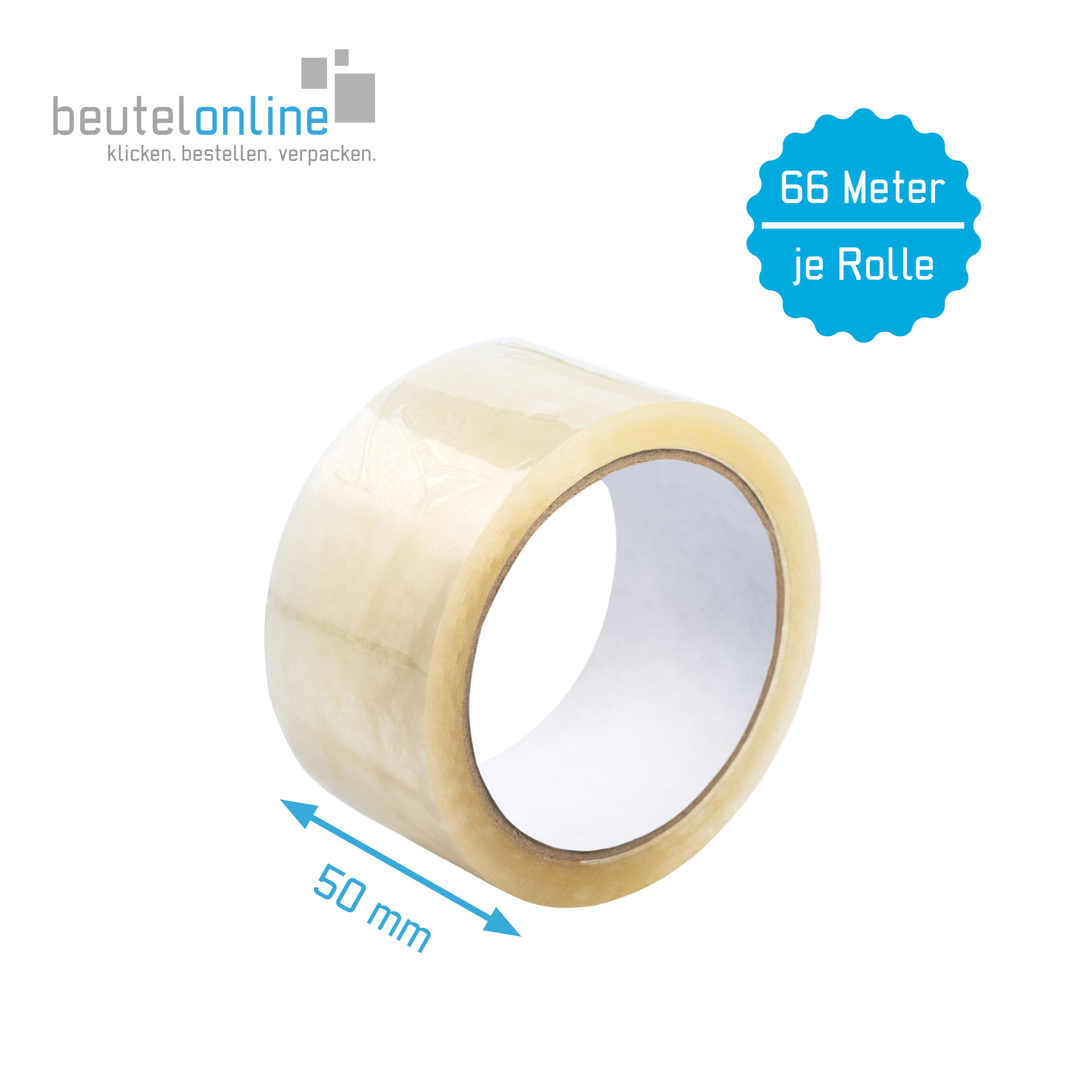 Abmessungen vom transparenten Folienklebeband und die beträgt: Breite 50 mm Länge 66 Meter und Kerndurchmesser 76 mm.