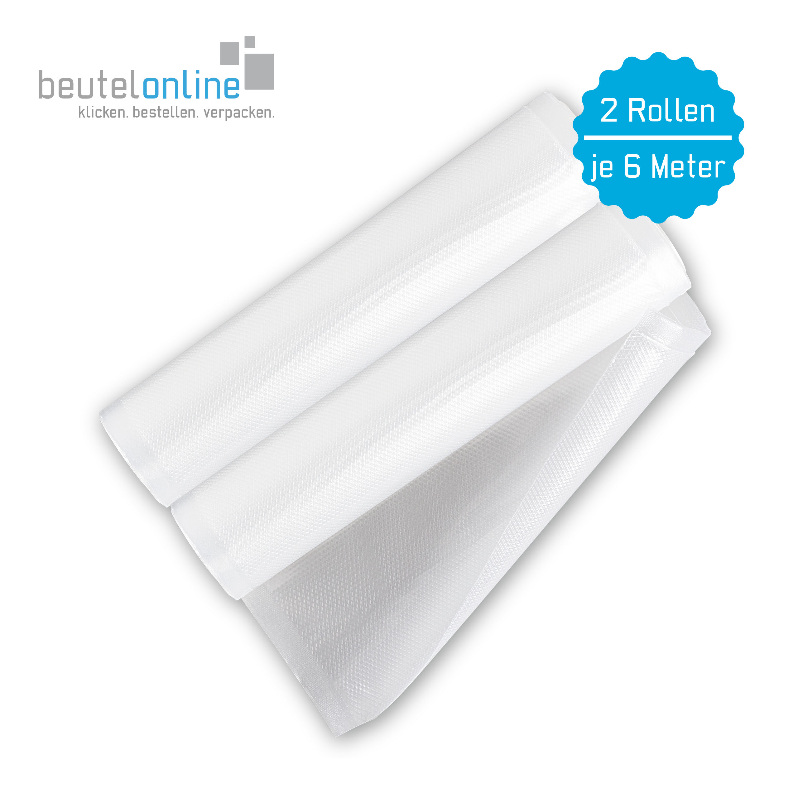 Ein transparenter Kunststoffbeutel, der an 3 Seiten versiegelt ist, sodass eine Öffnung bleibt. Die Rückseite ist glatt, die Vorderseite strukturiert. Mit einem Vakuumierer wird Luft entzogen und anschließend luftdicht versiegelt. Die Abmessung beträgt Br