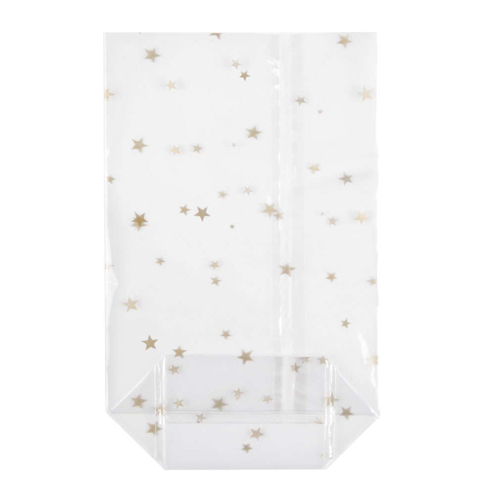 Ein hochtransparenter reißfester Kunststoffbeutel mit Muster Weihnachtssterne mit einer Öffnung an der kurzen Seite zum Befüllen, die Wandstärke vom Beutel ist 30 µ. Die Abmessung beträgt Breite 180 mm Höhe 300 mm. Der Richtwert für die Füllmenge beträgt 