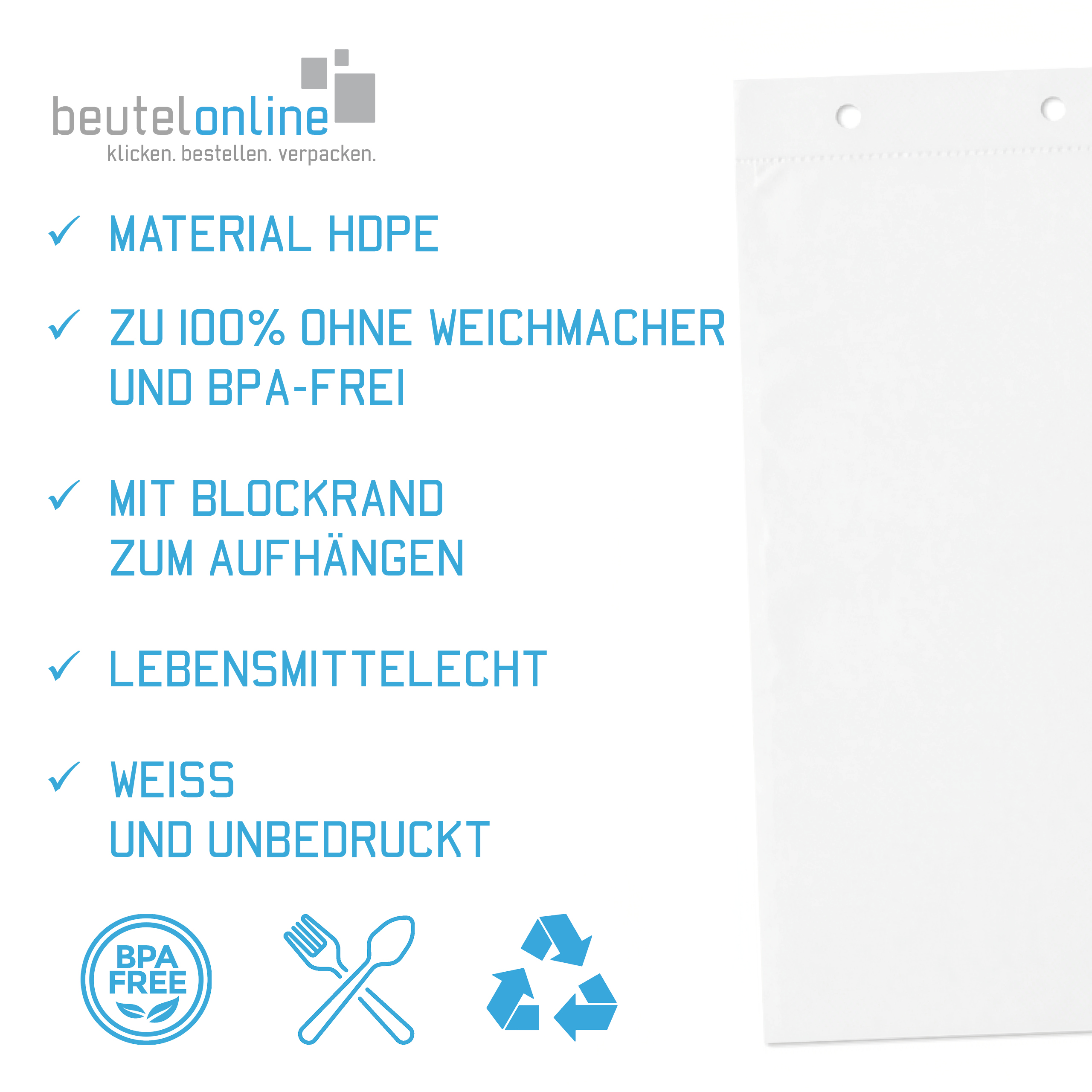 HDPE-Abreißbeutel 150 x 320 + 30 mm, 14 µ, weiß, geblockt zu 100 Stück, zwei Aufhängelöcher HDPE-Abreißbeutel 150 x 320 + 30 mm, 14 µ, weiß, geblockt zu 100 Stück, zwei Aufhängelöcher