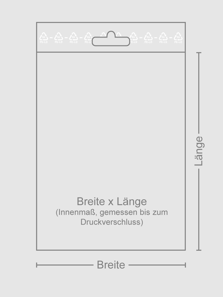 Skizzierung transparenter Kunststoffbeutel mit Druckverschluss in der Stärke 90 µ, die Abmessung beträgt Breite 80 mm Höhe 120 mm. Am oberen Ende vom Kunststoffbeutel ist eine schlitzförmige Aussparung, die Eurolochung genannt wird, sie dient zur Aufhängu