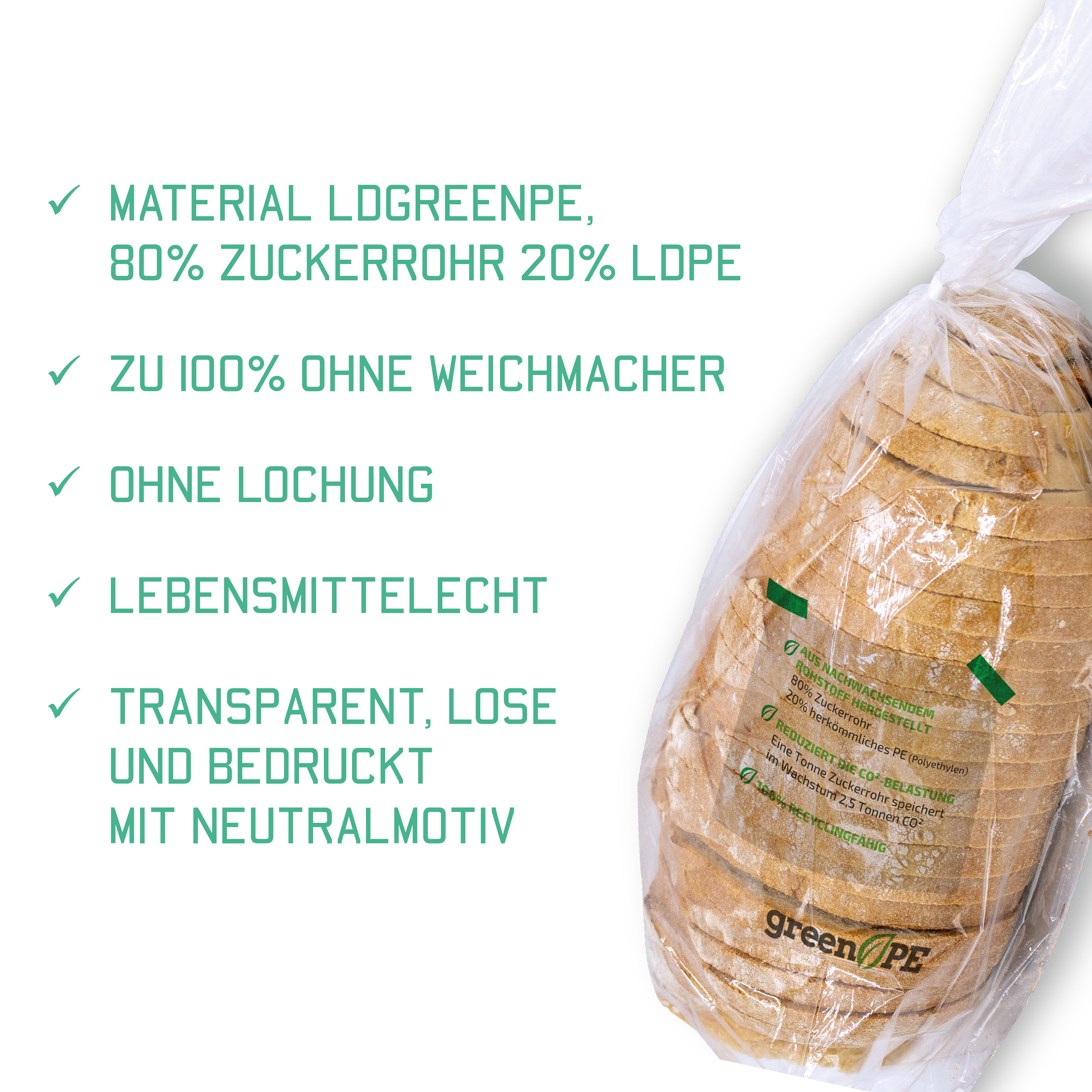 Vorteile & Eigenschaften LDgreenPE-Seitenfaltenbeutel ohne Lochung 150 + 100 x 350 mm, 14 µ, neutral bedruckt Vorteile und Eigenschaften vom Kunststoffbeutel mit Seitenfalte. Aufzählung: Material LDPE, 100% frei von Weichmachern, ohne Lochung, Lebensmittelecht, transparent, lose und unbedruckt.