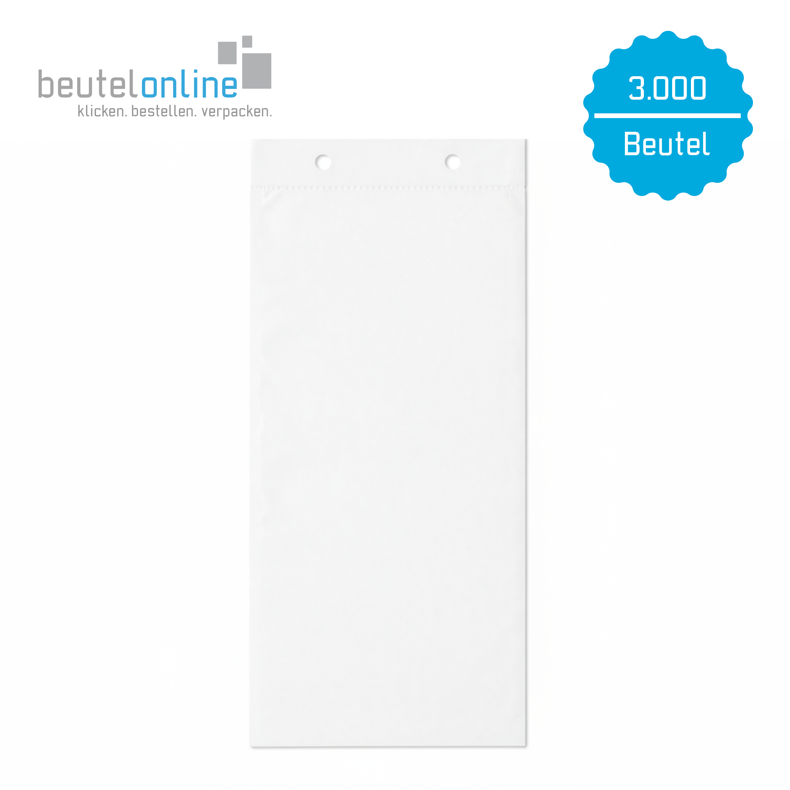 HDPE-Abreißbeutel 150 x 320 + 30 mm, 14 µ, weiß, geblockt zu 100 Stück, zwei Aufhängelöcher