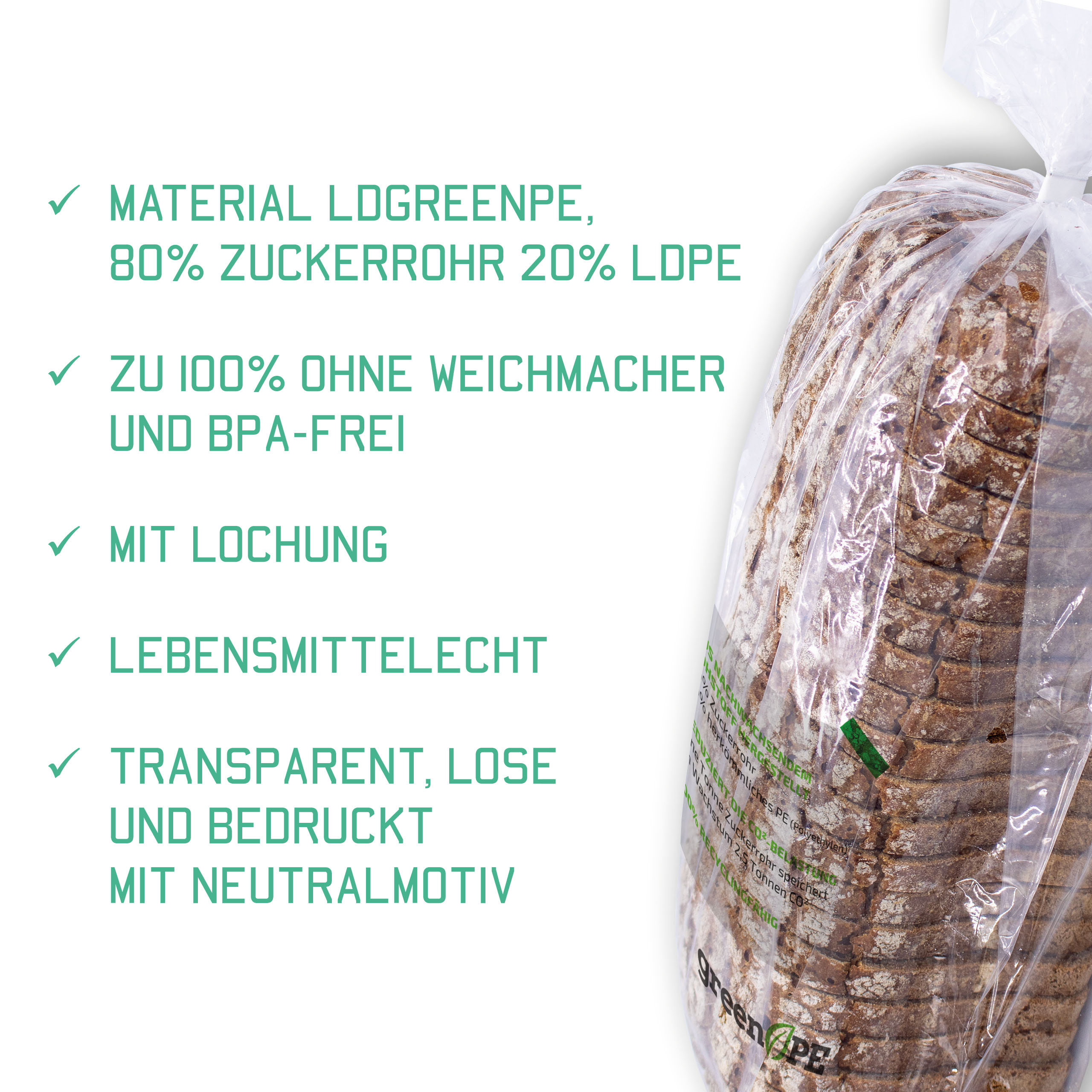 LDgreenPE-Seitenfaltenbeutel mit Lochung 150 + 100 x 550 mm, 14 µ, neutral bedruckt LDgreenPE-Seitenfaltenbeutel mit Lochung 150 + 100 x 550 mm, 14 µ, neutral bedruckt