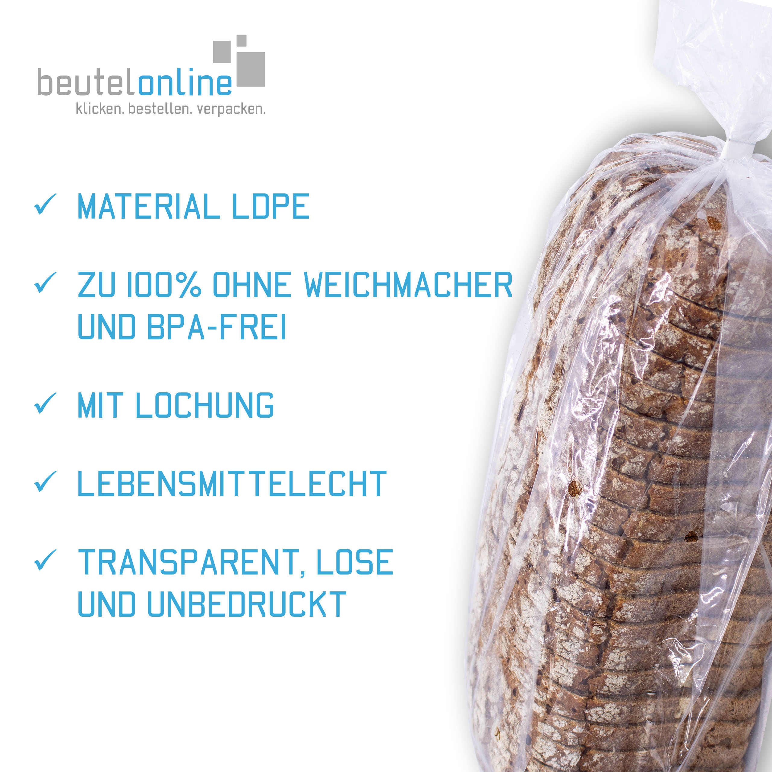 Vorteile und Eigenschaften vom Kunststoffbeutel mit Seitenfalte. Aufzählung: Material LDPE, 100% frei von Weichmachern, mit Lochung, Lebensmittelecht, transparent, lose und unbedruckt.