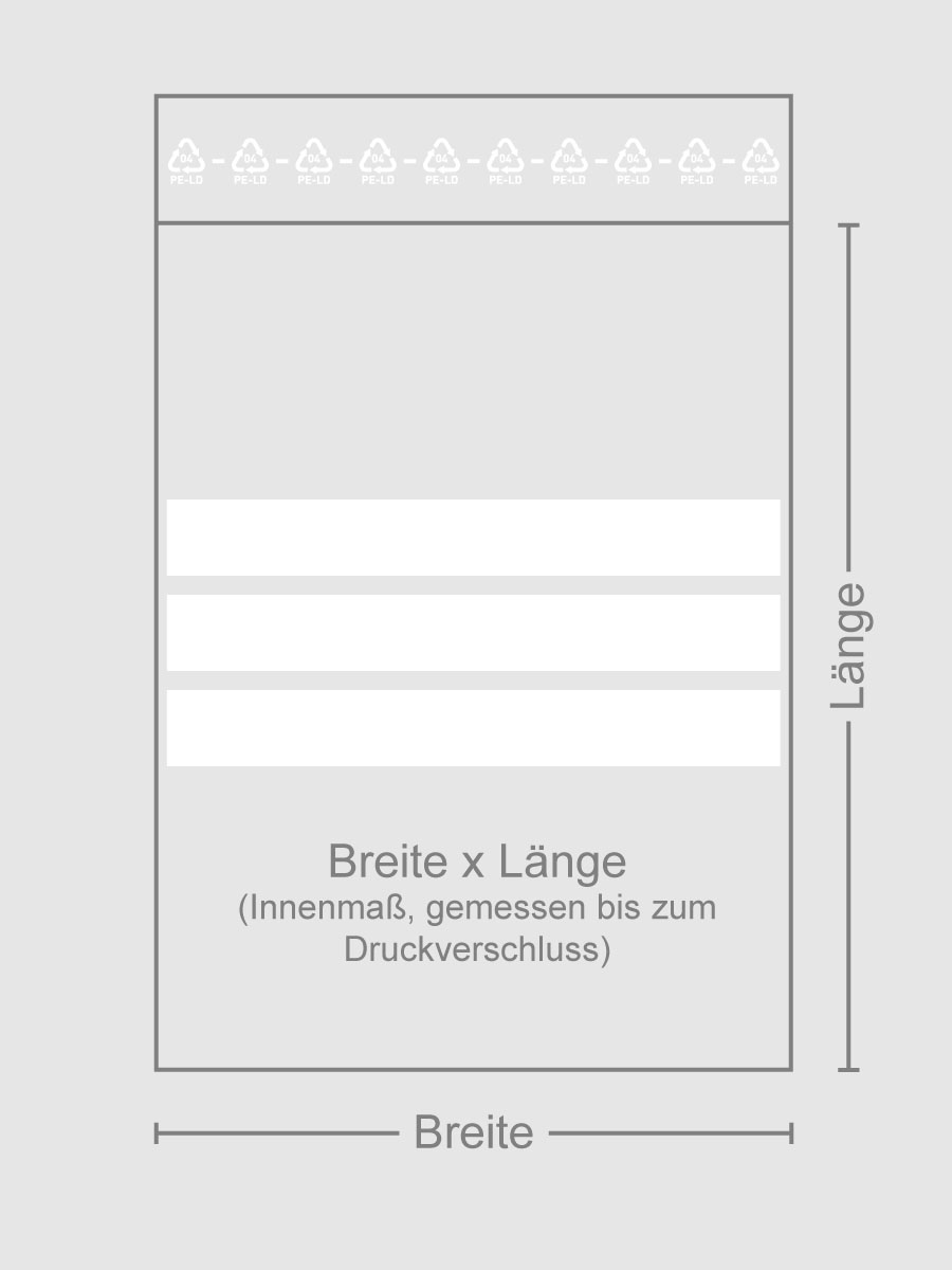 Skizzierung vom transparenter Kunststoffbeutel mit Druckverschluss und Beschriftungsfeld in der Stärke 50 µ die Abmessung beträgt Breite 50 mm Höhe 75 mm.