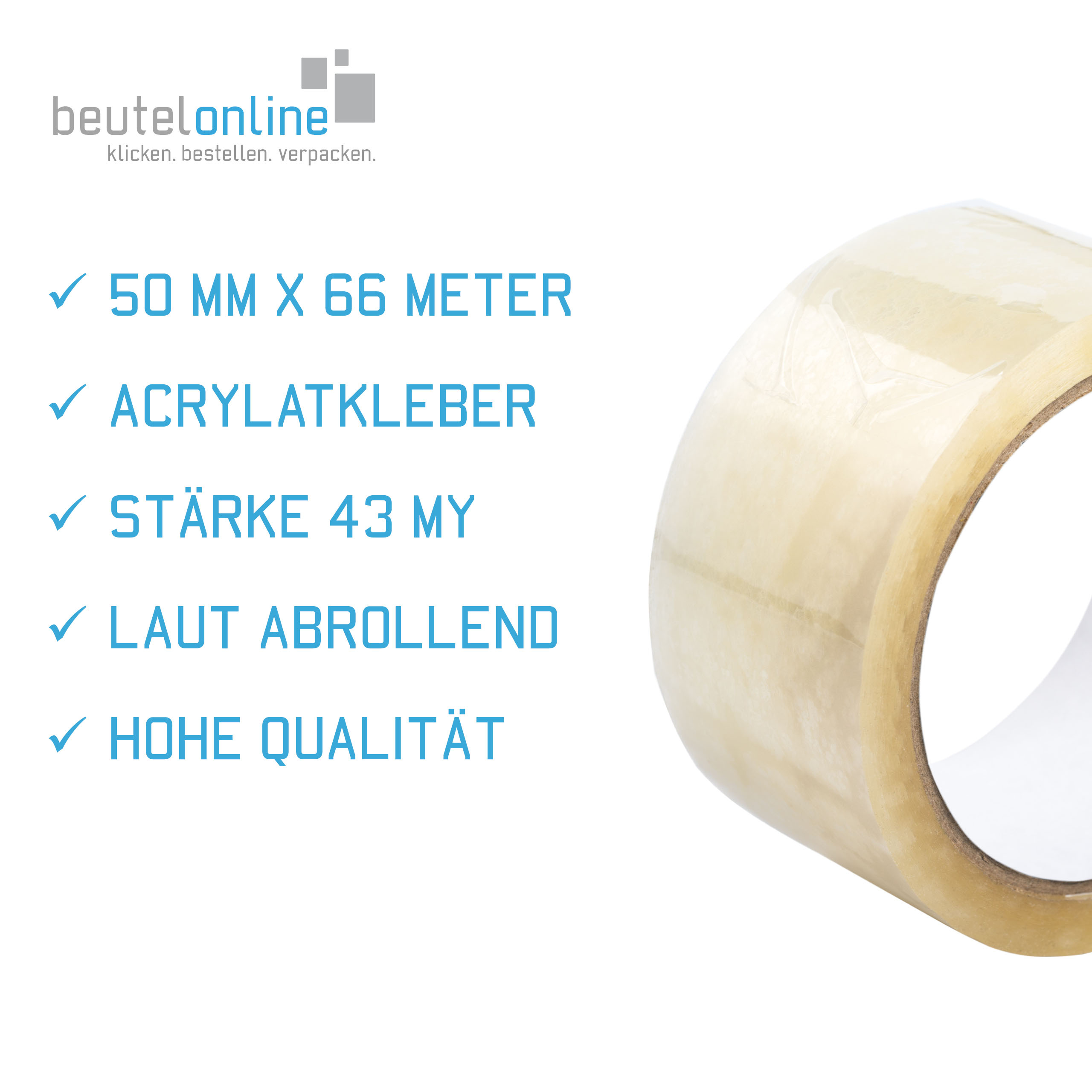 Vorteile und Eigenschaften vom transparenten Folienklebeband. Aufzählung: Breite 50 mm Länge 66 Meter, Acrylatkleber, Stärke 50 my, leise abrollend und hohe Qualität.