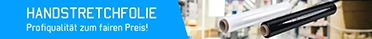Stretchfolie transparent und schwarz, im Hintergrund ist ein Lagerregal zu sehen. Das Bild verlinkt auf die Produktkategorie Stretchfolie.