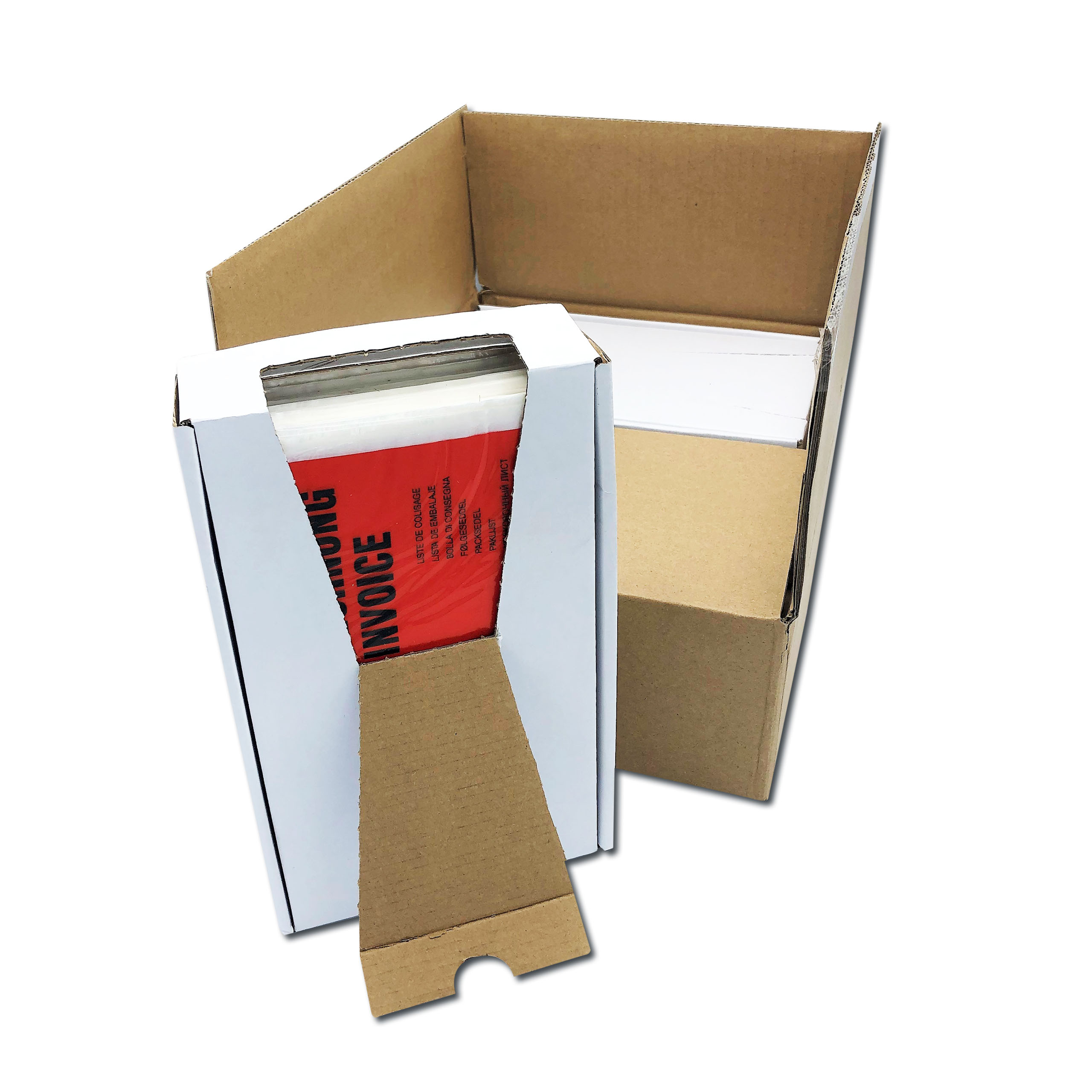Eine rote Tasche aus Kunststoff mit dem Aufdruck Lieferschein. Diese Tasche wird z.B. außen an Paletten oder Kartons angebracht, um Versanddokumente wie Lieferscheine, Rechnungen oder Zollpapier sicher und sichtbar zu platzieren.