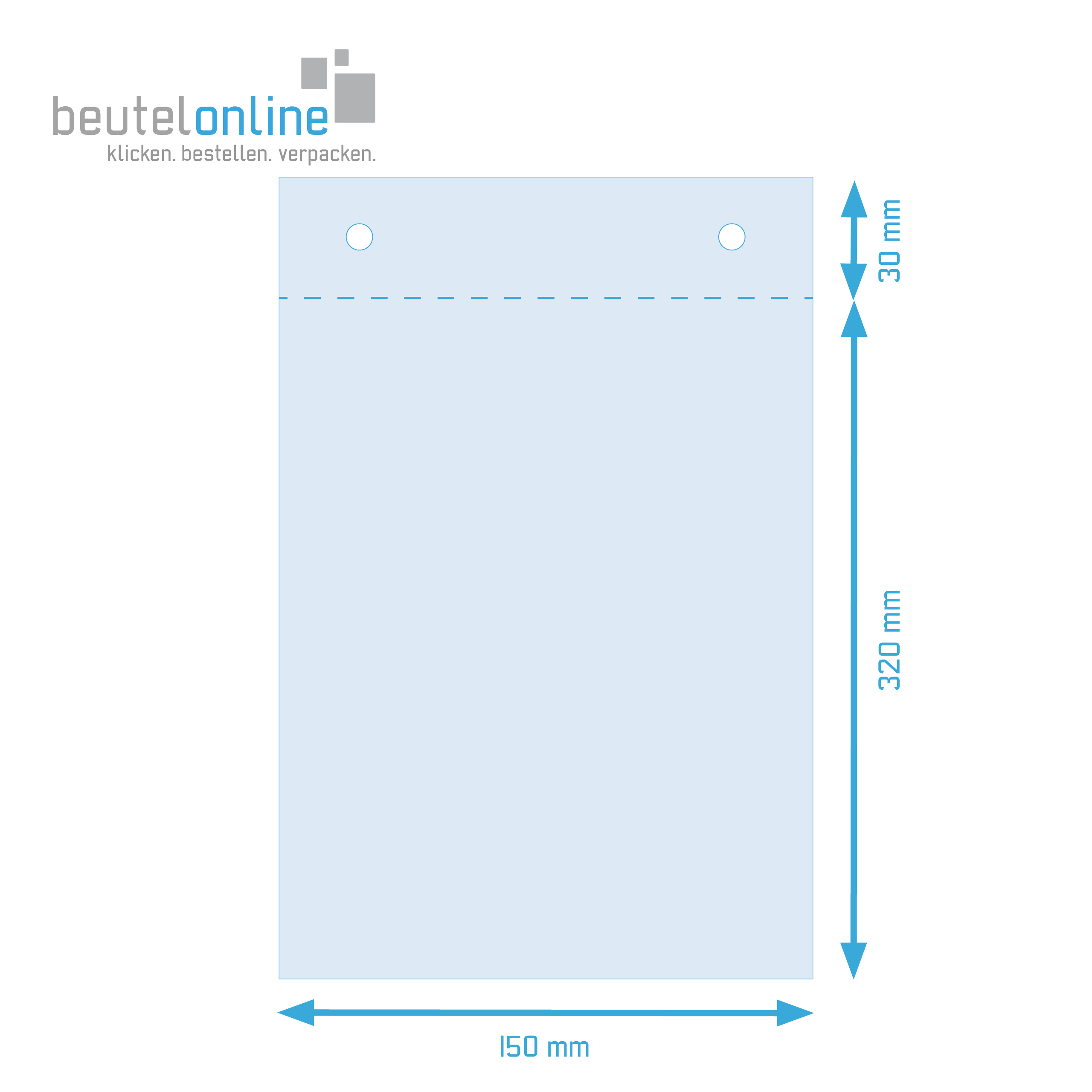 HDPE-Abreißbeutel 150 x 320 + 30 mm, 14 µ, weiß, geblockt zu 100 Stück, zwei Aufhängelöcher