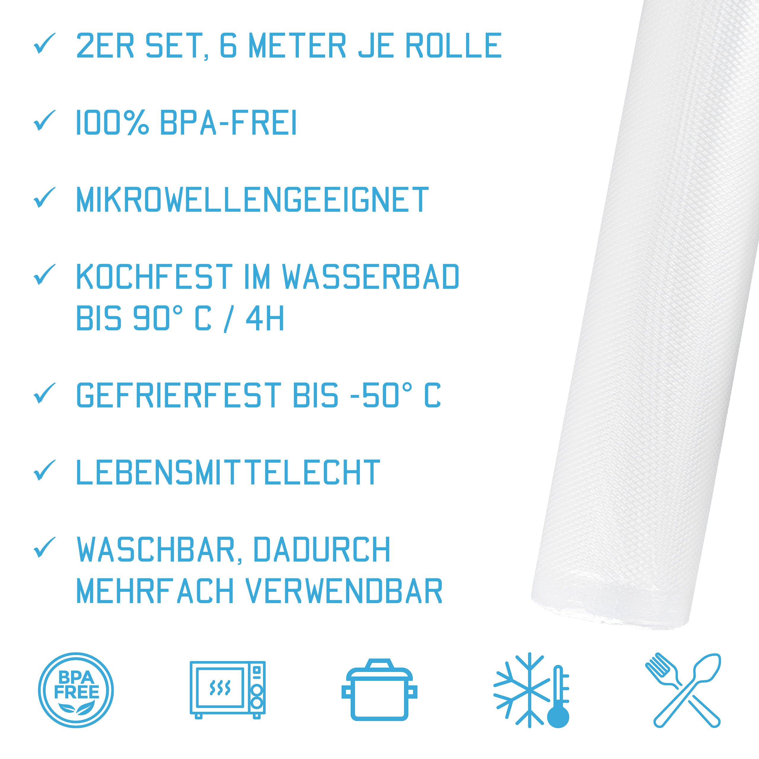 Vorteile und Eigenschaften vom Kunststoffbeutel. Aufzählung: 100% frei von Weichmachern. Mikrowellengeeignet. Kochfest im Wasserbad bis 90° C / 4h. Gefrierfest bis -50° C. Lebensmittelecht. Waschbar, dadurch mehrfach verwendbar.