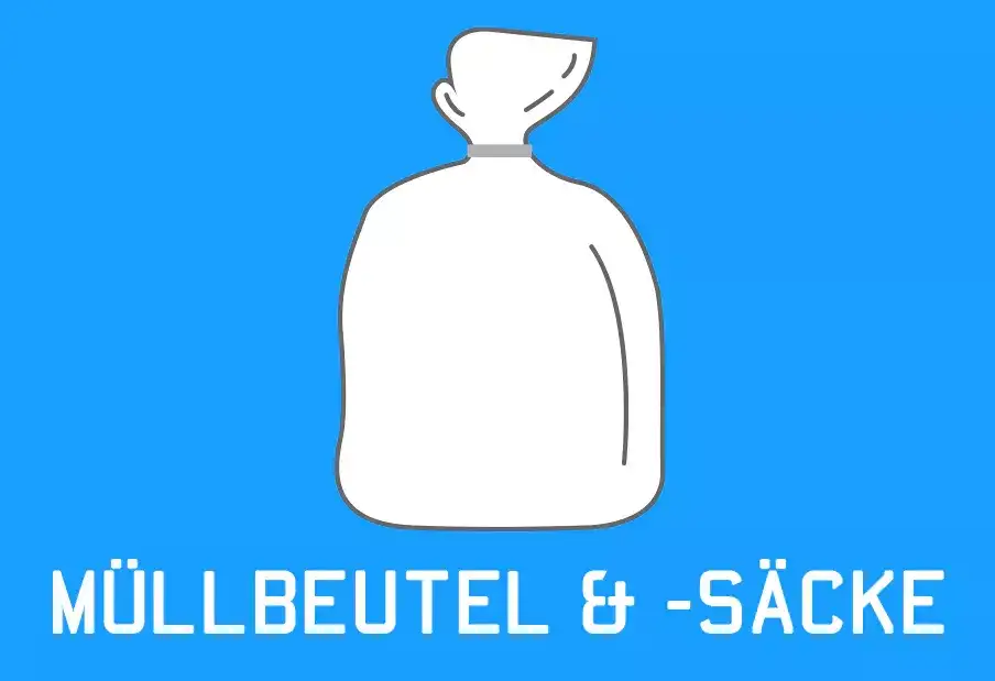 Skizzierung Müllbeutel auf blauen Hintergrund. Das Bild verlinkt auf die Produktkategorie Müllbeutel.