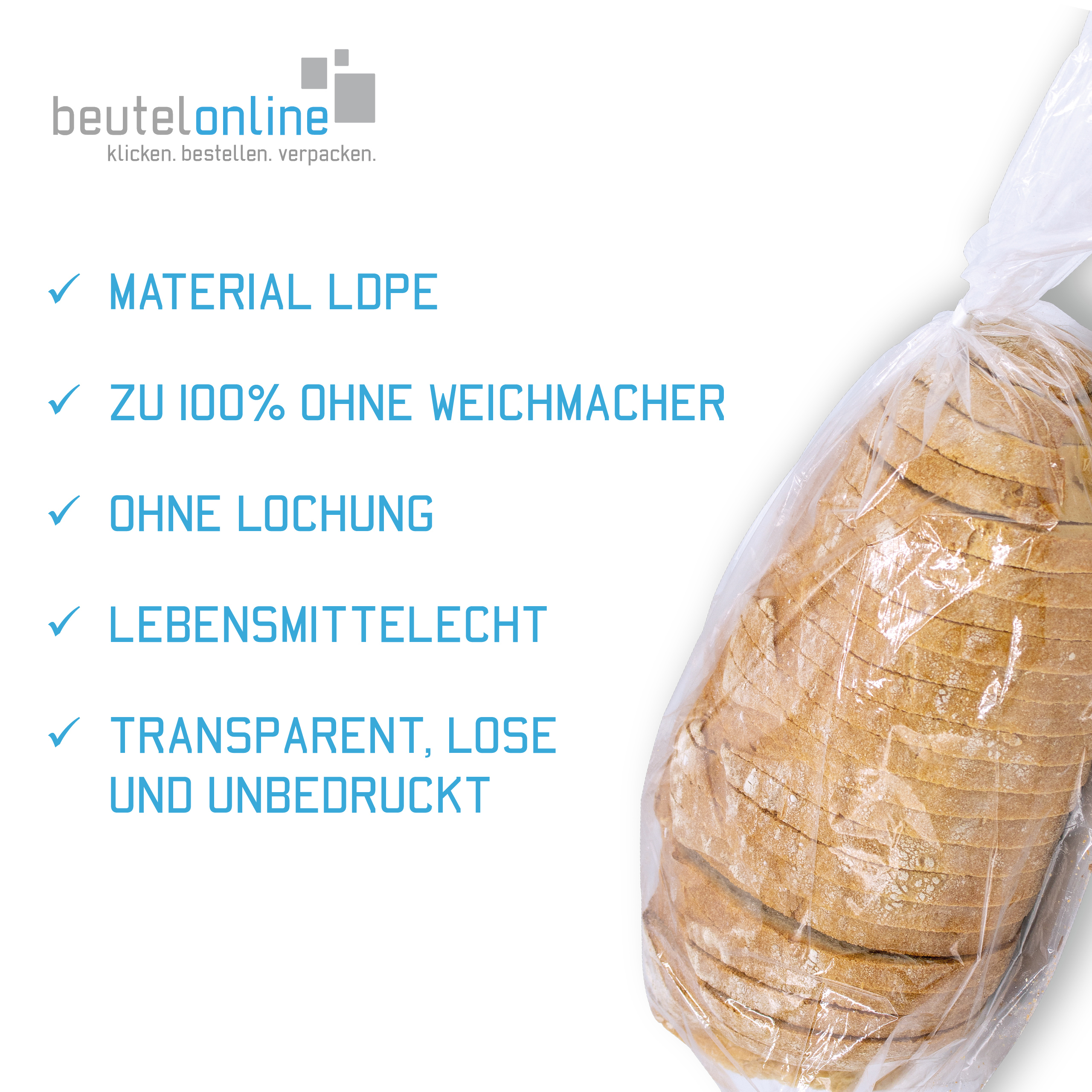 Vorteile und Eigenschaften vom Kunststoffbeutel mit Seitenfalte. Aufzählung: Material LDPE, 100% frei von Weichmachern, ohne Lochung, Lebensmittelecht, transparent, lose und unbedruckt.