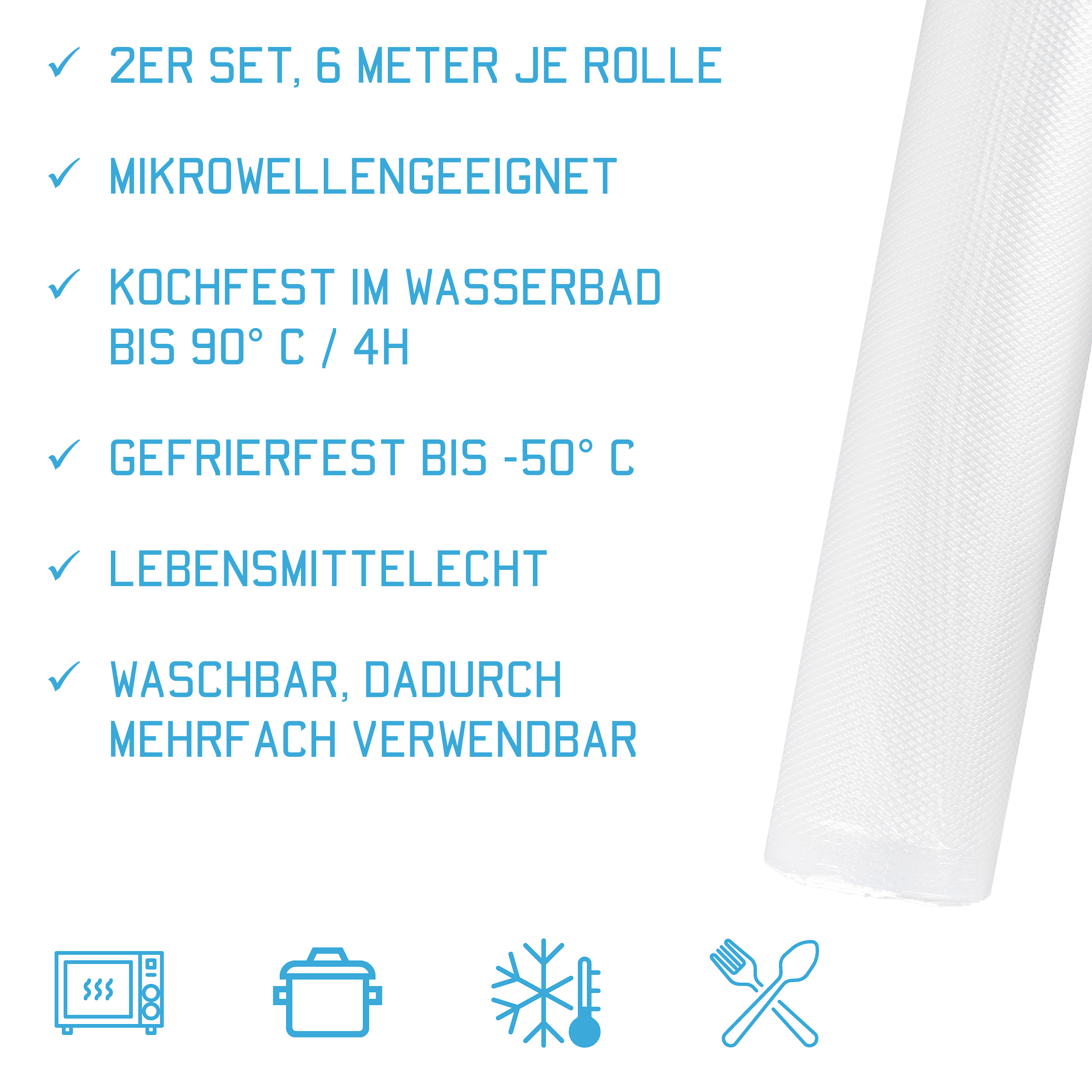 Vorteile und Eigenschaften vom Kunststoffbeutel. Aufzählung: 100% frei von Weichmachern. Mikrowellengeeignet. Kochfest im Wasserbad bis 90° C / 4h. Gefrierfest bis -50° C. Lebensmittelecht. Waschbar, dadurch mehrfach verwendbar.