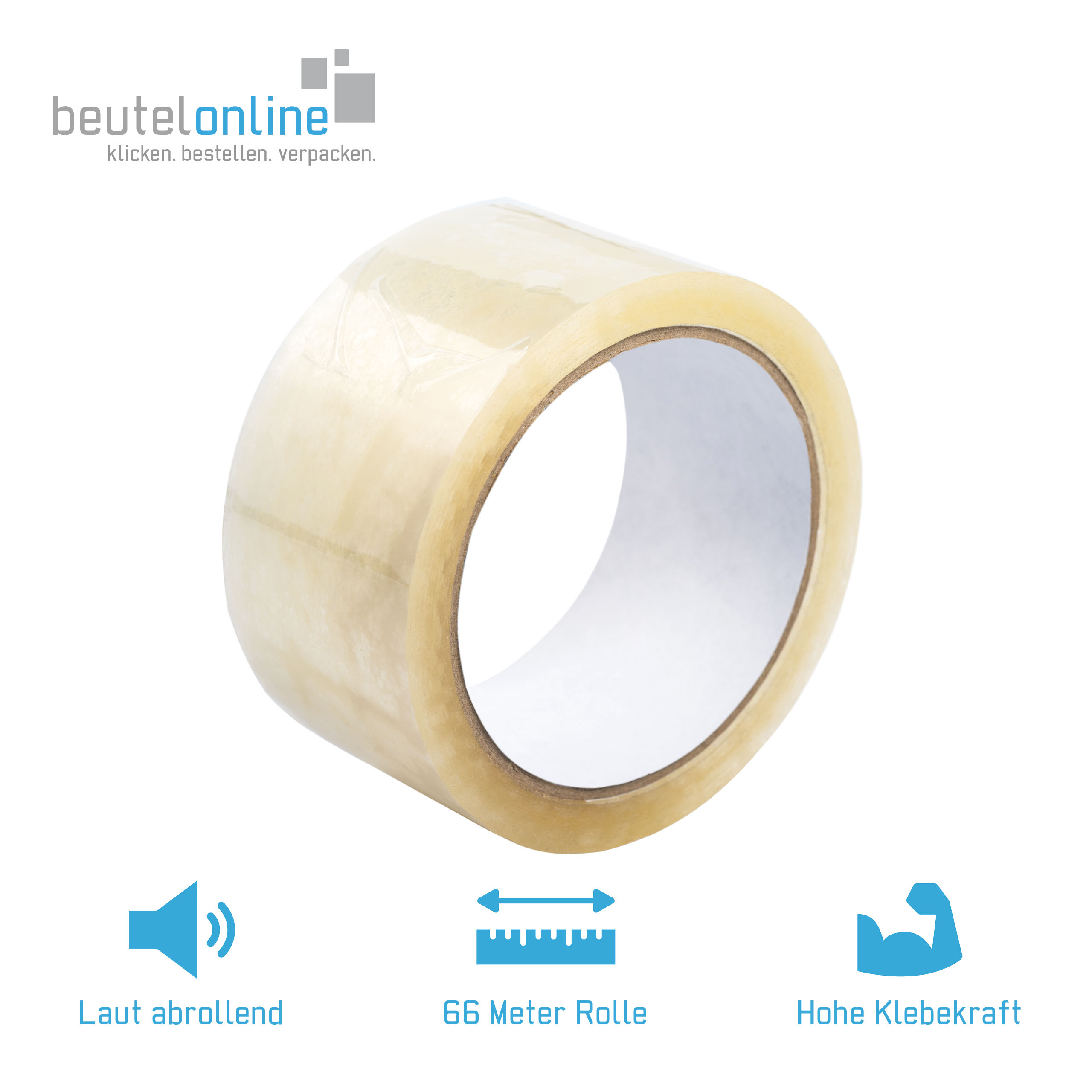 Ein transparentes Folienklebeband (laut abrollen) für das Verschließen von Kartons, das Material vom Klebeband ist Polypropylen, der Kleber ist ein Gummi-Harz-Kleber/Hot-Melt-Kleber. Die Abmessungen beträgt: Breite 50 mm Länge 66 Meter und Kern-Ø 76 mm.