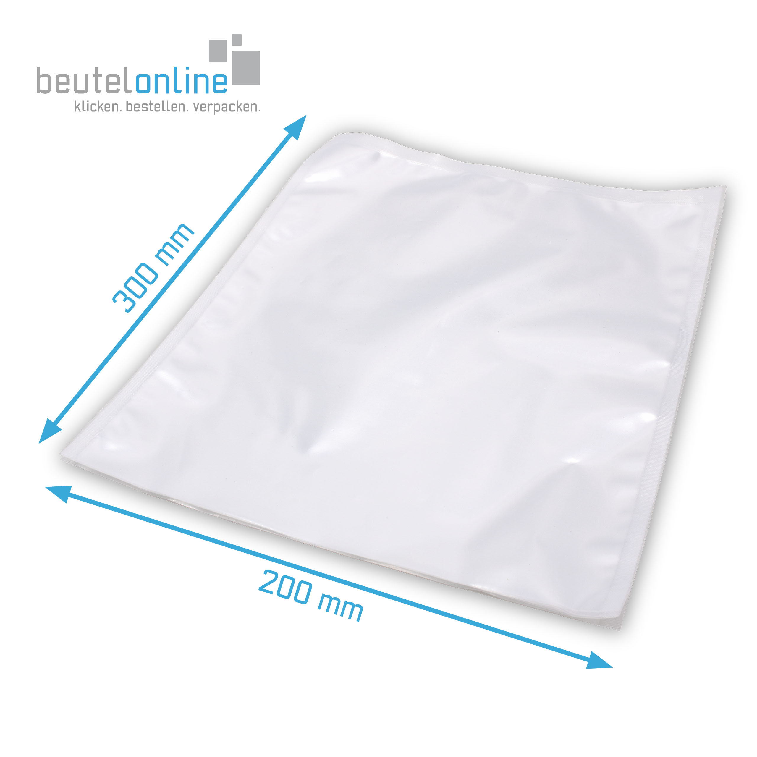 Die Abmessung vom transparenten Kunststoffbeutel beträgt Breite 200 mm Höhe 300 mm.