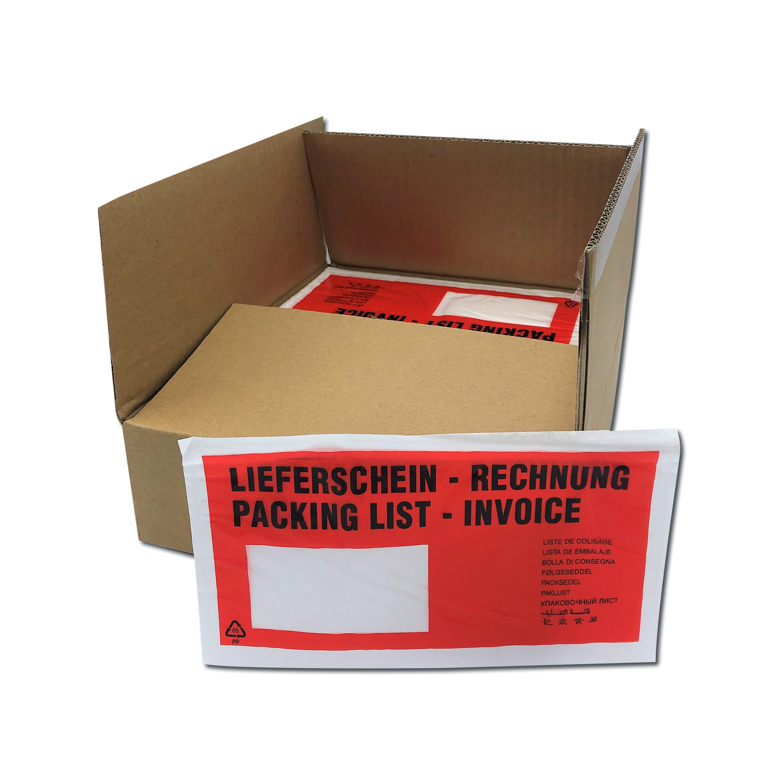 Eine rote Tasche aus Kunststoff mit dem Aufdruck Lieferschein. Diese Tasche wird z.B. außen an Paletten oder Kartons angebracht, um Versanddokumente wie Lieferscheine, Rechnungen oder Zollpapier sicher und sichtbar zu platzieren.
