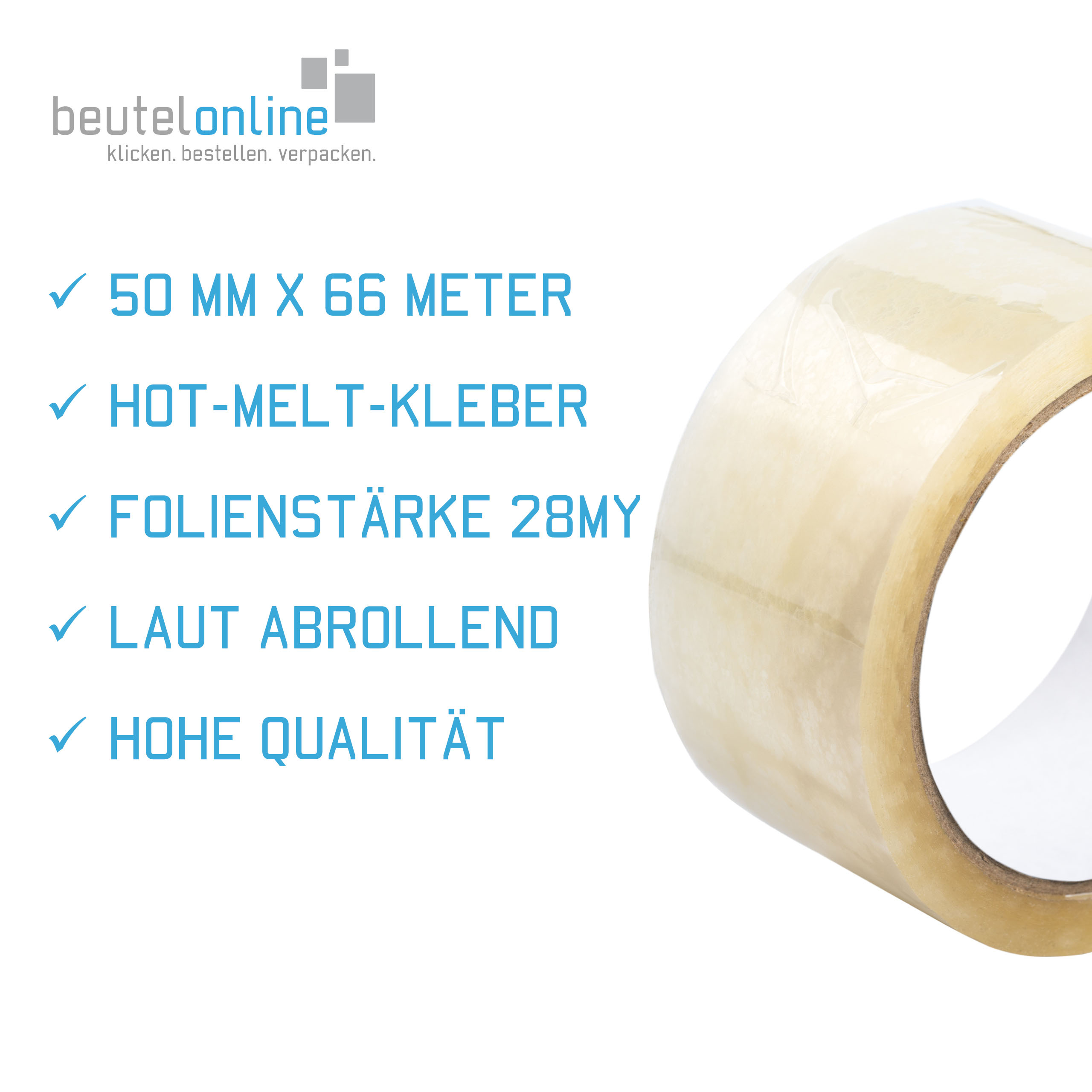 Vorteile und Eigenschaften vom transparenten Folienklebeband. Aufzählung: Breite 50 mm Länge 66 Meter, Hot-Melt-Kleber, Stärke 28 my, laut abrollend und hohe Qualität.