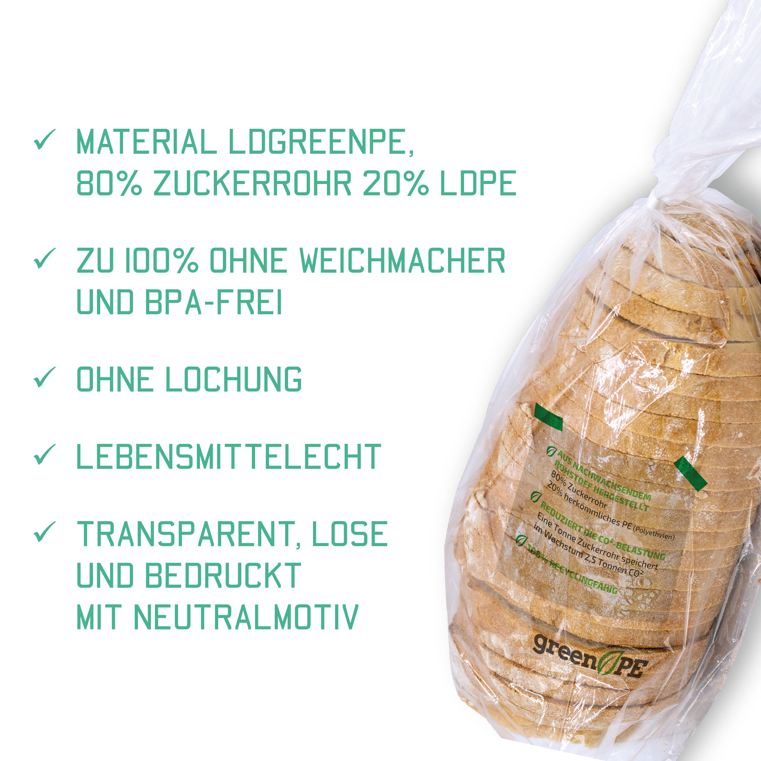 Vorteile und Eigenschaften vom Kunststoffbeutel mit Seitenfalte. Aufzählung: Material LDPE, 100% frei von Weichmachern, ohne Lochung, Lebensmittelecht, transparent, lose und unbedruckt.