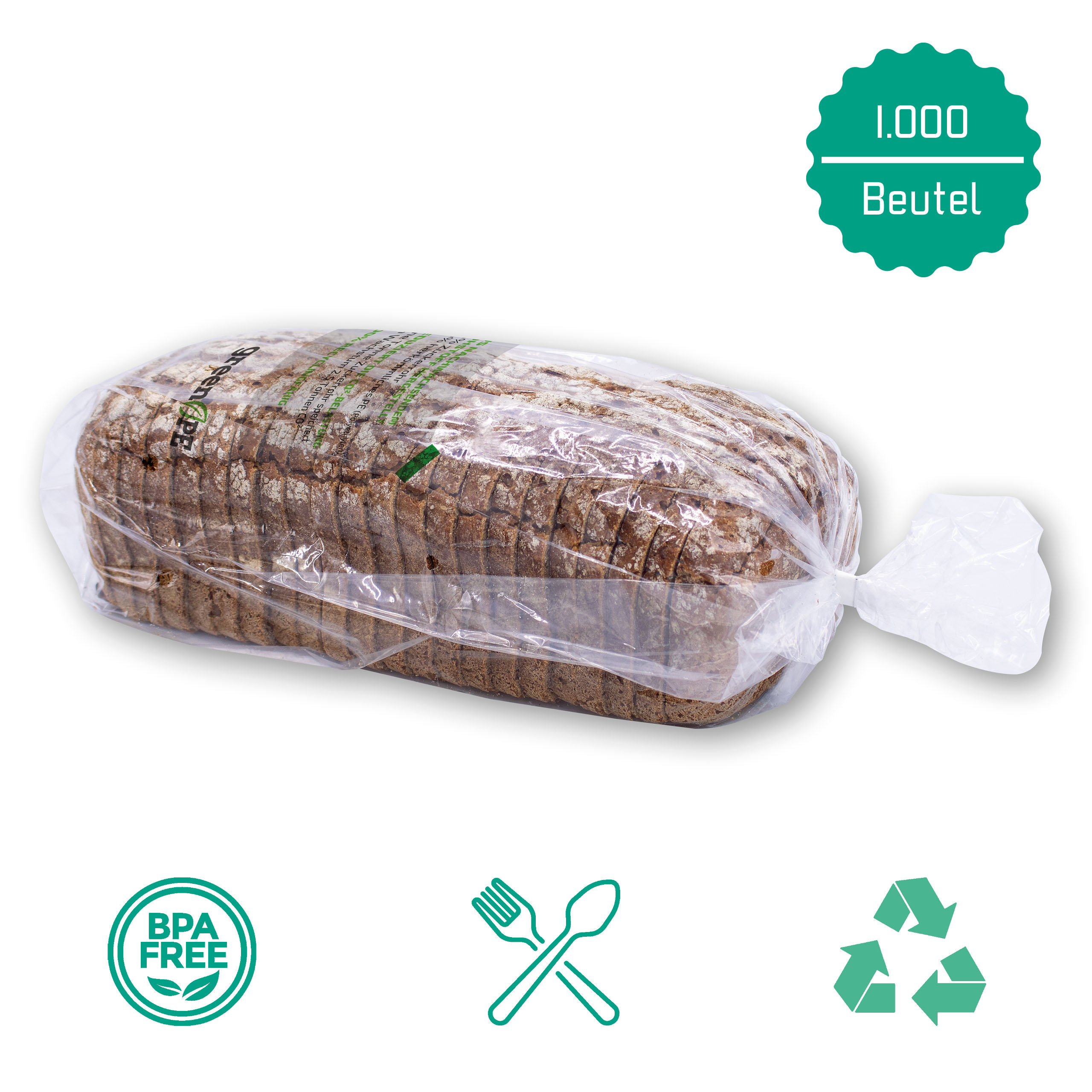 LDgreenPE-Seitenfaltenbeutel mit Lochung 150 + 100 x 550 mm, 14 µ, neutral bedruckt