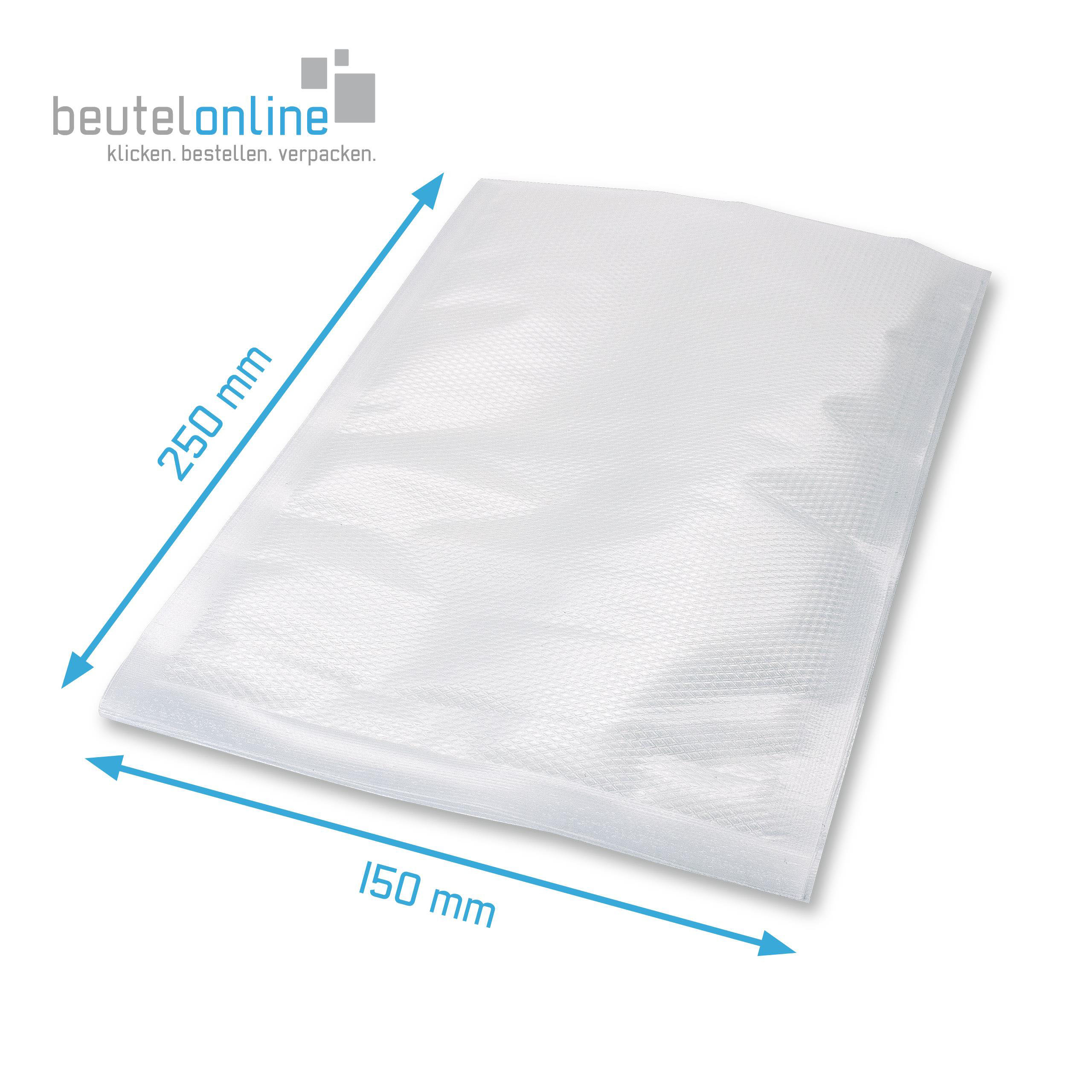Die Abmessung vom transparenten Kunststoffbeutel beträgt Breite 150 mm Höhe 250 mm.