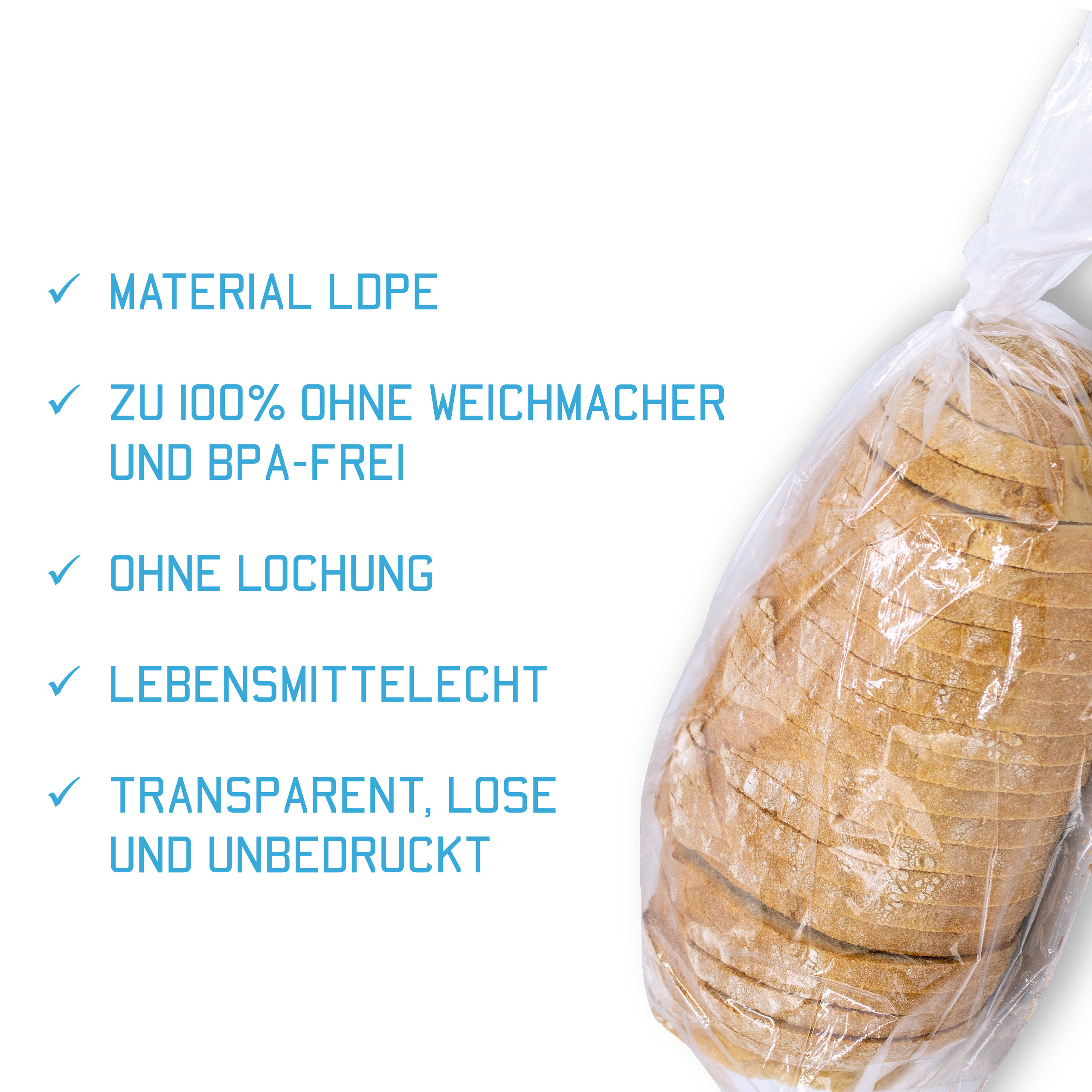 Vorteile und Eigenschaften vom Kunststoffbeutel mit Seitenfalte. Aufzählung: Material LDPE, 100% frei von Weichmachern, ohne Lochung, Lebensmittelecht, transparent, lose und unbedruckt.