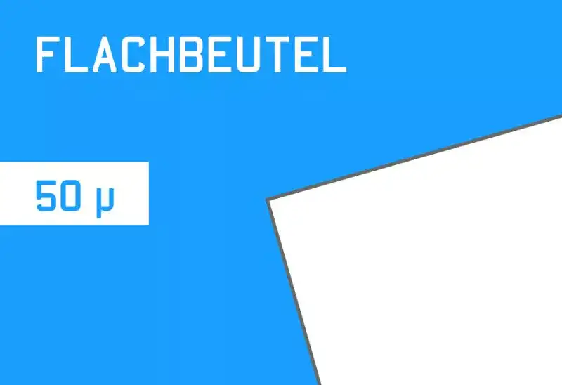 Skizzierung Flachbeutel auf blauen Hintergrund. Das Bild verlinkt auf die Produktkategorie Flachbeutel Stärke 50 my.