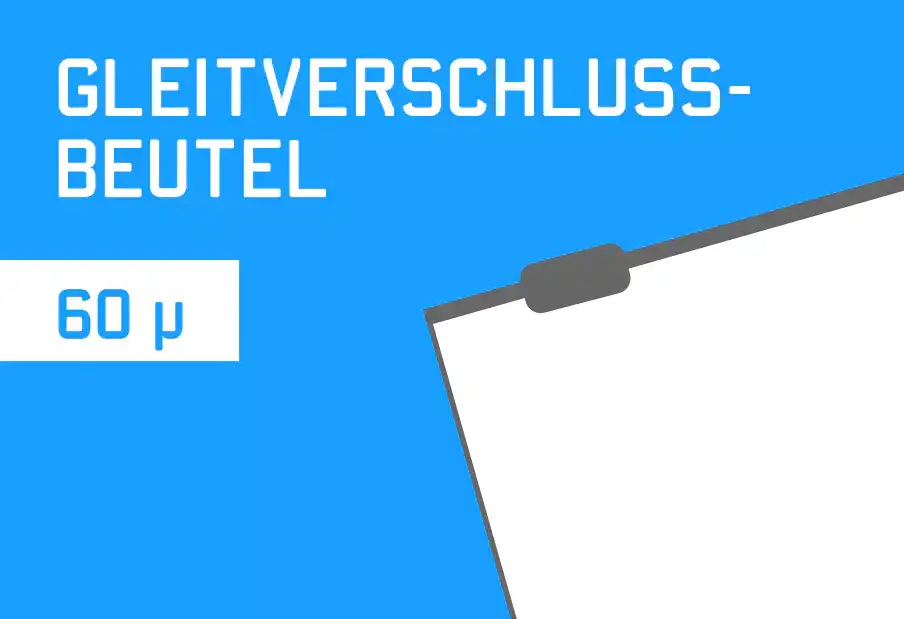 Skizzierung Gleitverschlussbeutel auf blauen Hintergrund. Das Bild verlinkt auf die Produktkategorie Gleitverschlussbeutel Stärke 60 my.