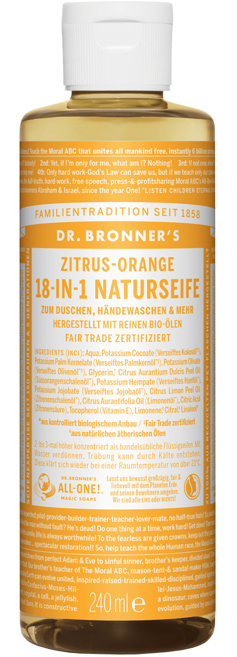 Dr. Bronners Flüssigseife Zitrus Orange ohne Hintergrund