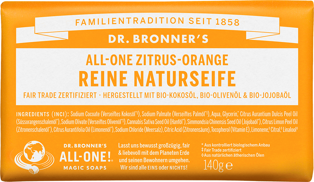 Dr. Bronner's Naturseife Zitrus Orange Dr. Bronner's Naturseife Zitrus Orange ohne Hintergrund
