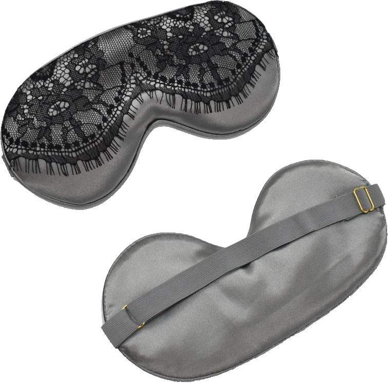 Satin-Schlafmaske Silbergrau schwarze Spitze ohne Hintergrund