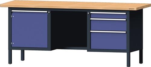 Werkbank B2000xT700xH840mm Buche-Massiv anthrazitgrau/taubenblau NCS 3Schubl1Tür || VE = 1 ST