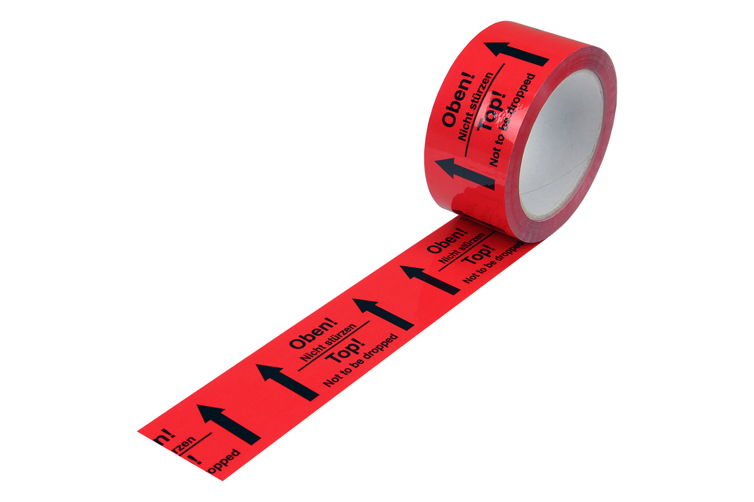 PP-Warnklebeband, rot, "Oben", 52 µ | 50 mm x 66 lfm. | VE = 12 Stk.