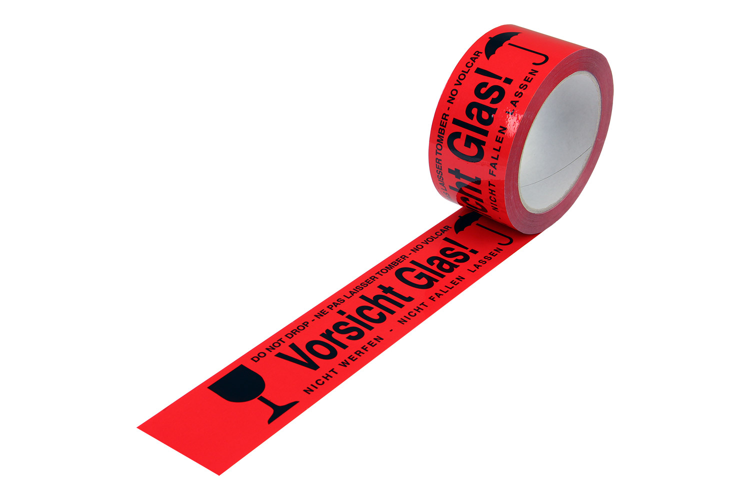 PP-Warnklebeband, rot, "Vorsicht Glas", 52 µ | 50 mm x 66 lfm. | VE = 12 Stk.