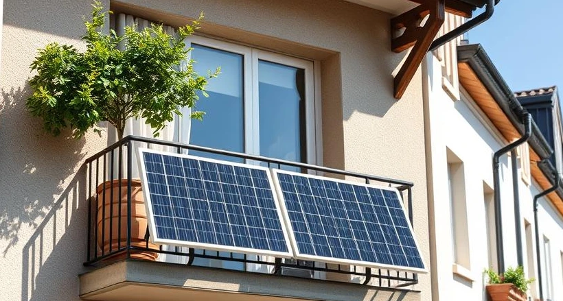Zwei Solarmodule eines Balkonkraftwerks hängen auf einem Balkon in der obersten Etage eines Mehrfamilienhauses.