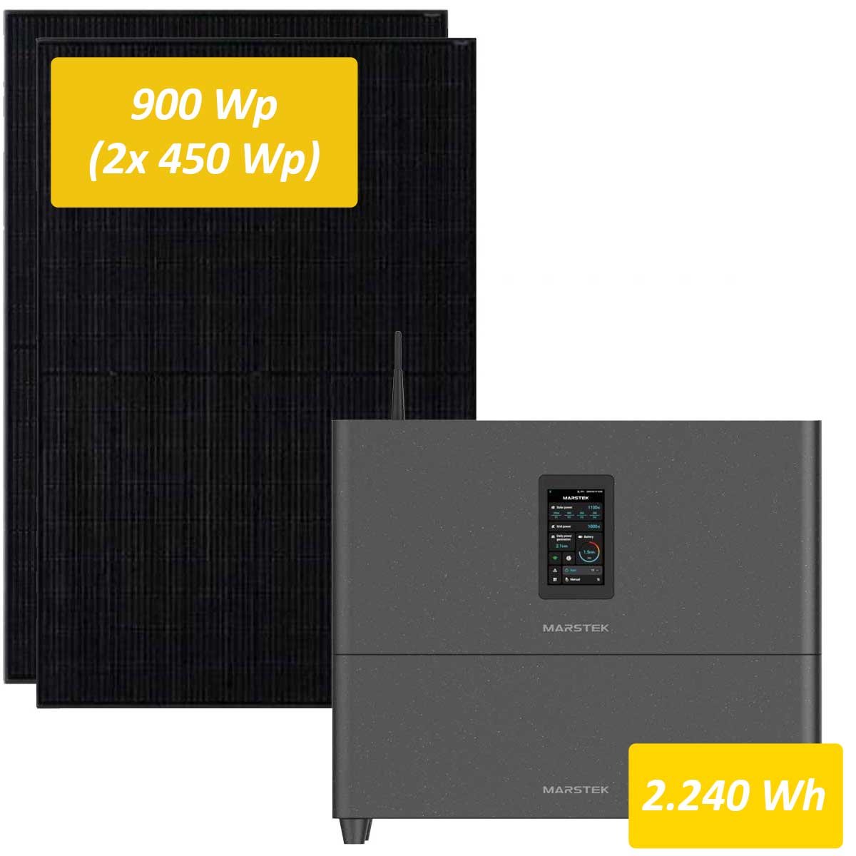 Marstek Jupiter C Plus 2,56kWh Solarspeicher + 2x Sunpro TopCon Mono 450 Watt Full Black Glas