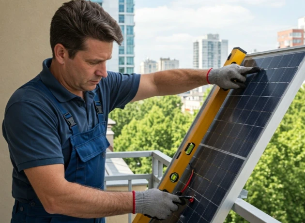 Mann in blauer Arbeitskleidung installiert ein Balkonkraftwerk, indem er ein Solarpanel mit einer Wasserwaage ausrichtet; im Hintergrund sind Bäume und moderne Wohngebäude zu sehen.
