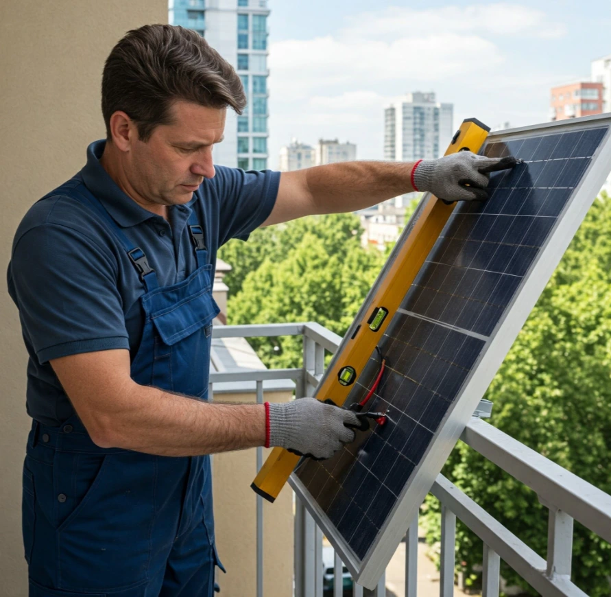 Mann in blauer Arbeitskleidung installiert ein Balkonkraftwerk, indem er ein Solarpanel mit einer Wasserwaage ausrichtet; im Hintergrund sind Bäume und moderne Wohngebäude zu sehen.