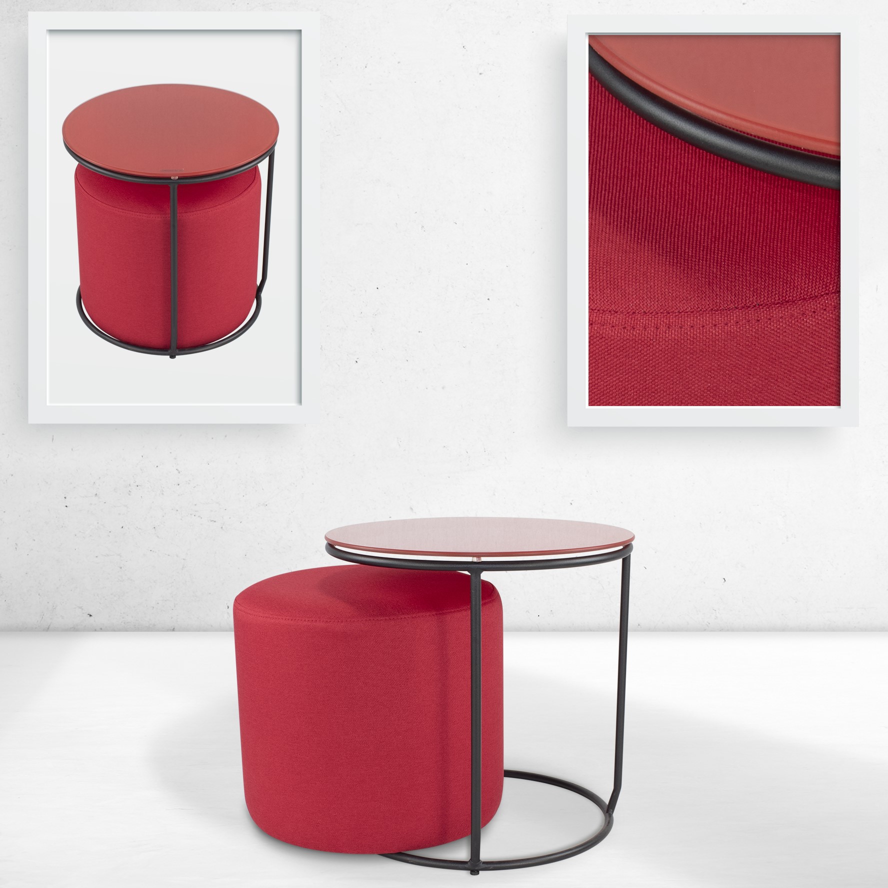 Beistelltisch mit Hocker JASPER runder Couchtisch 40x40 cm Schwarz-Rot N6