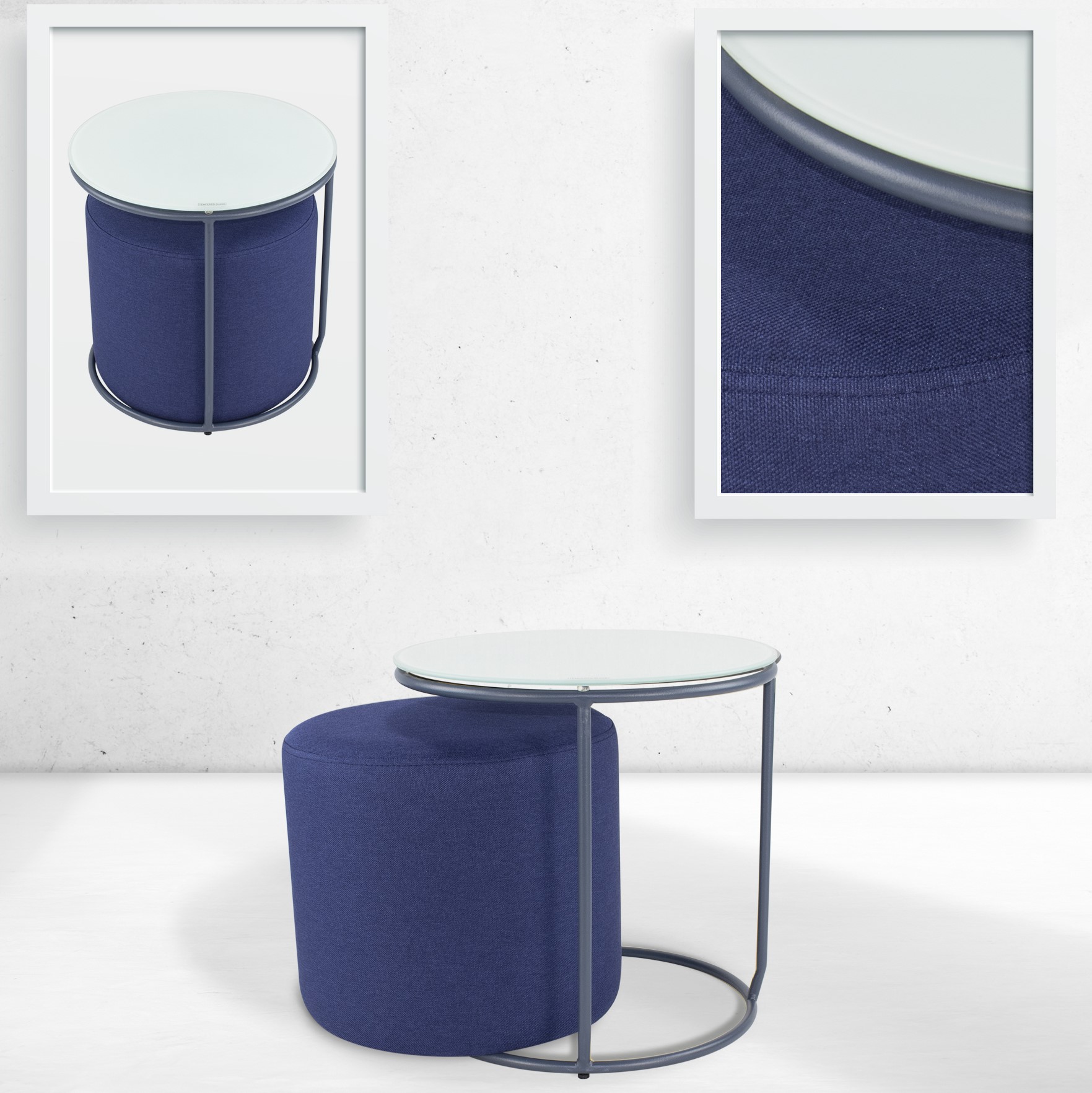 Beistelltisch mit Hocker JASPER runder Couchtisch 40x40 cm Grau-Navy N4