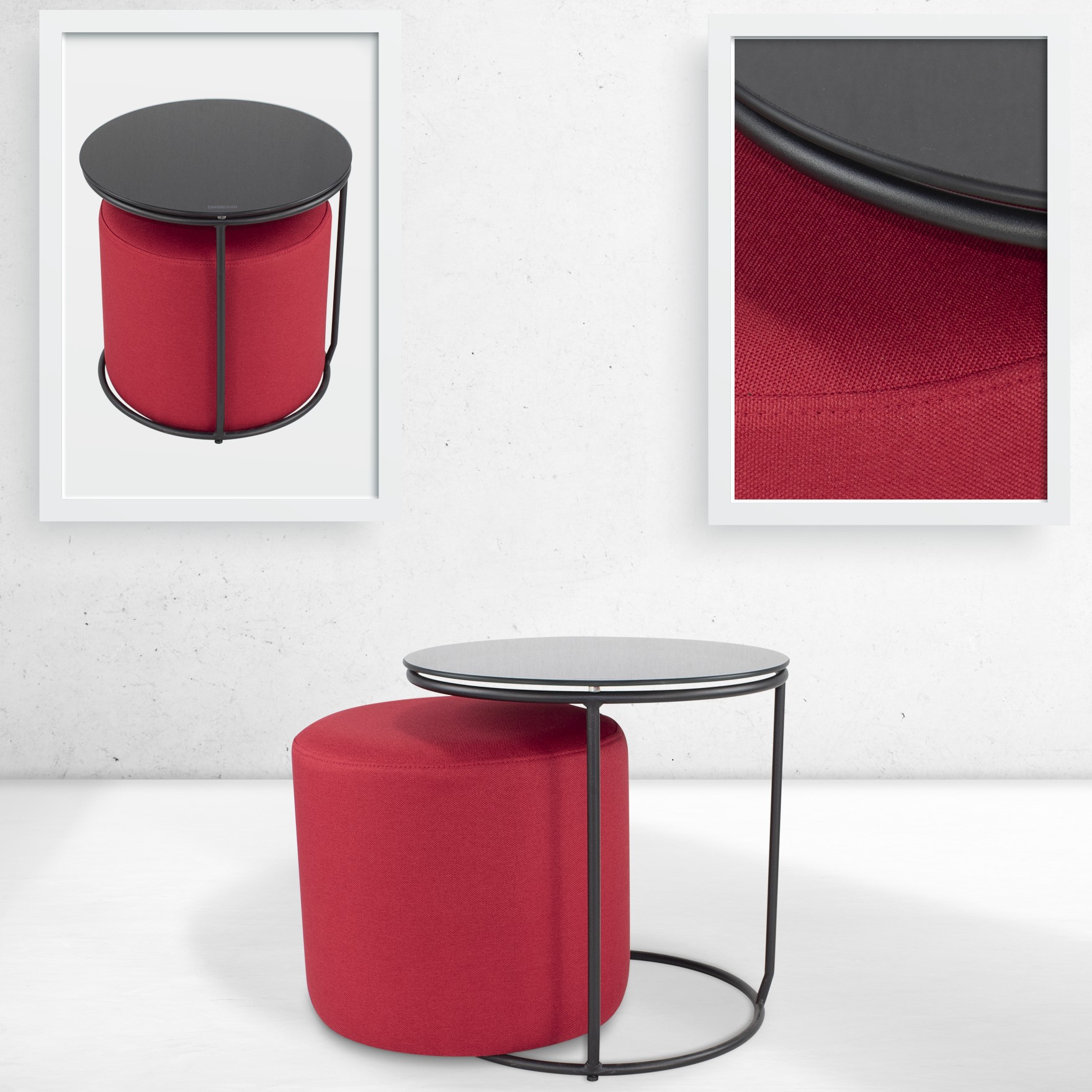 Beistelltisch mit Hocker JASPER runder Couchtisch 40x40 cm Schwarz-Rot N5