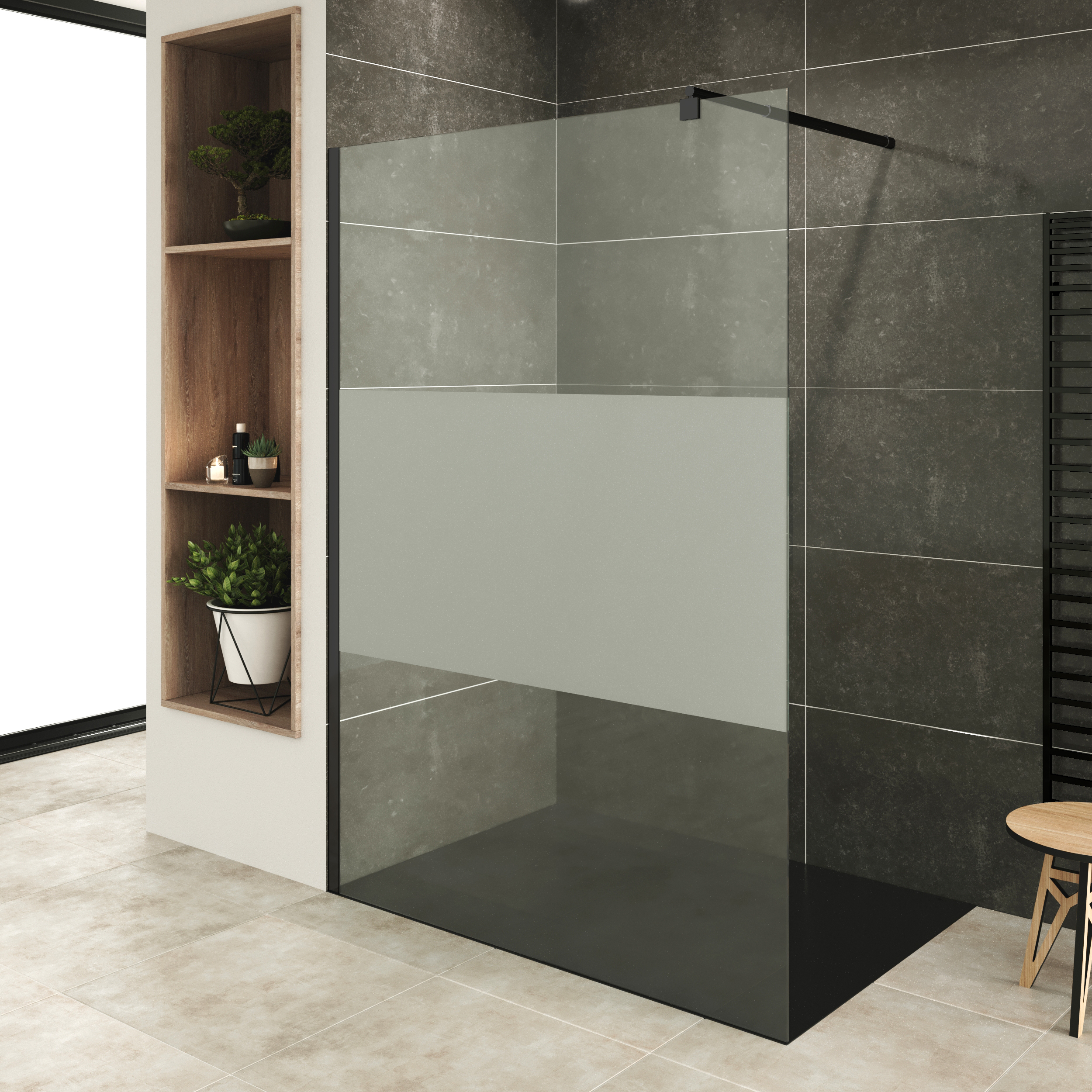 Walk In Dusche Fiona aus 10 mm starkem teilsatiniertem ESG Sicherheitsglas und Aluminium Profil in Schwarz