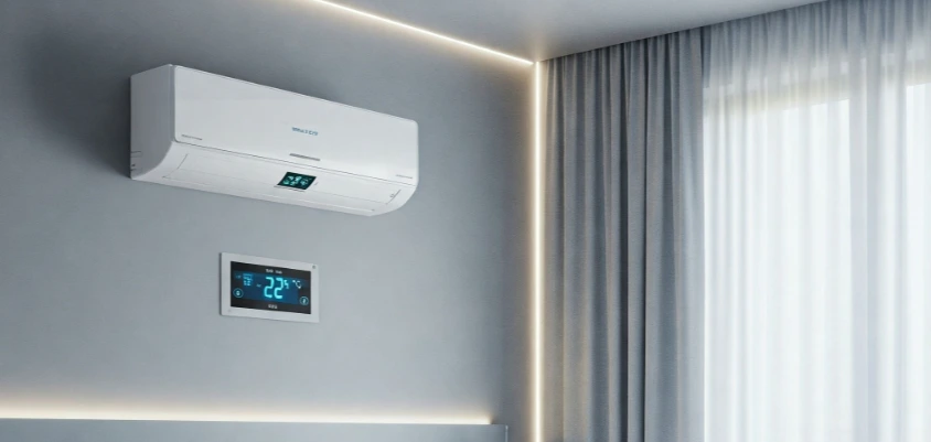 Eine weiße Klimaanlage hängt an die Wand in einem Schlafzimmer.