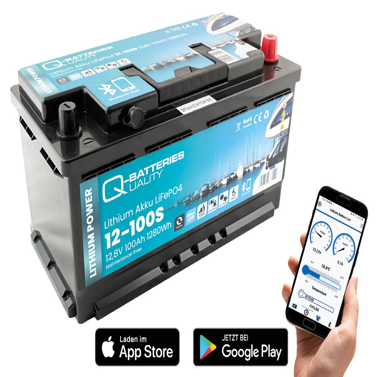 Q-Batteries Lithium Akku 12-100S 12,8V 100Ah 1280Wh LiFePO4 Batterie mit Bluetooth