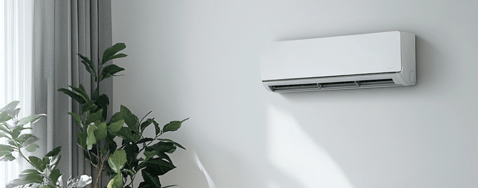 Eine weiße Klimaanlage hängt im Wohnzimmer an der Wand